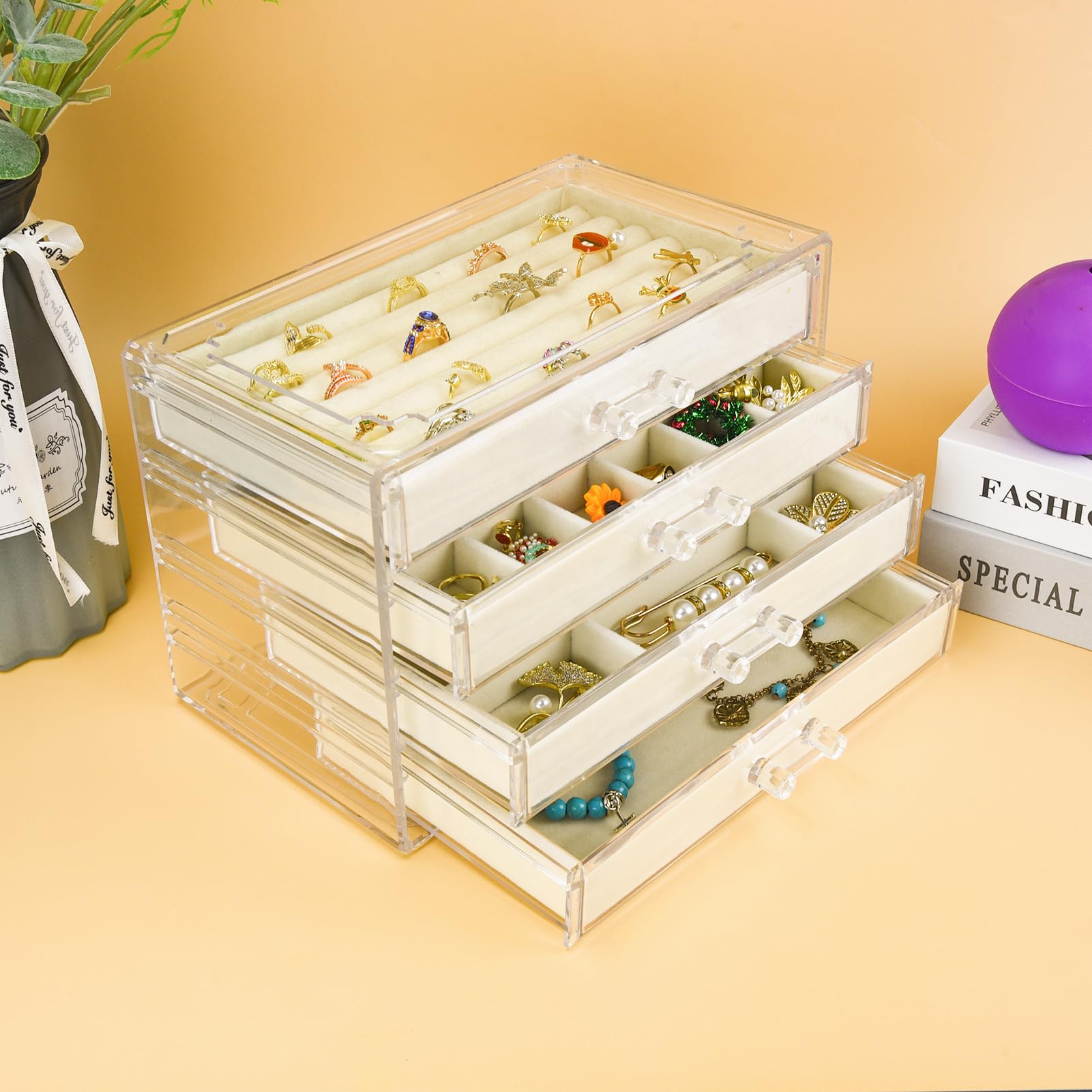 Weiai 4-Drawer Clear Acrylic Jewelry Organizer Box - Jewelry Storage Case for Necklaces, Rings, Earrings & Bracelets - Perfect for Bedroom, Bathroom & Travel Organization (Beige)
