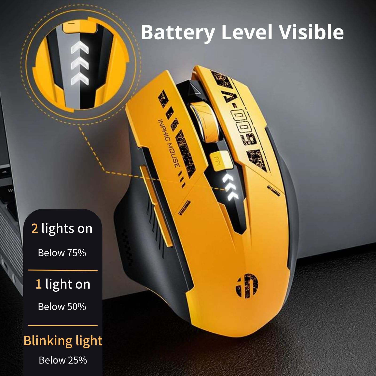 Ergonomic Rechargeable Wireless Mouse - Tri-Mode Bluetooth 5.0/4.0 & 2.4GHz, Silent Click, Visible Battery Level - for Laptop, PC, Office & Home Use (Yellow)