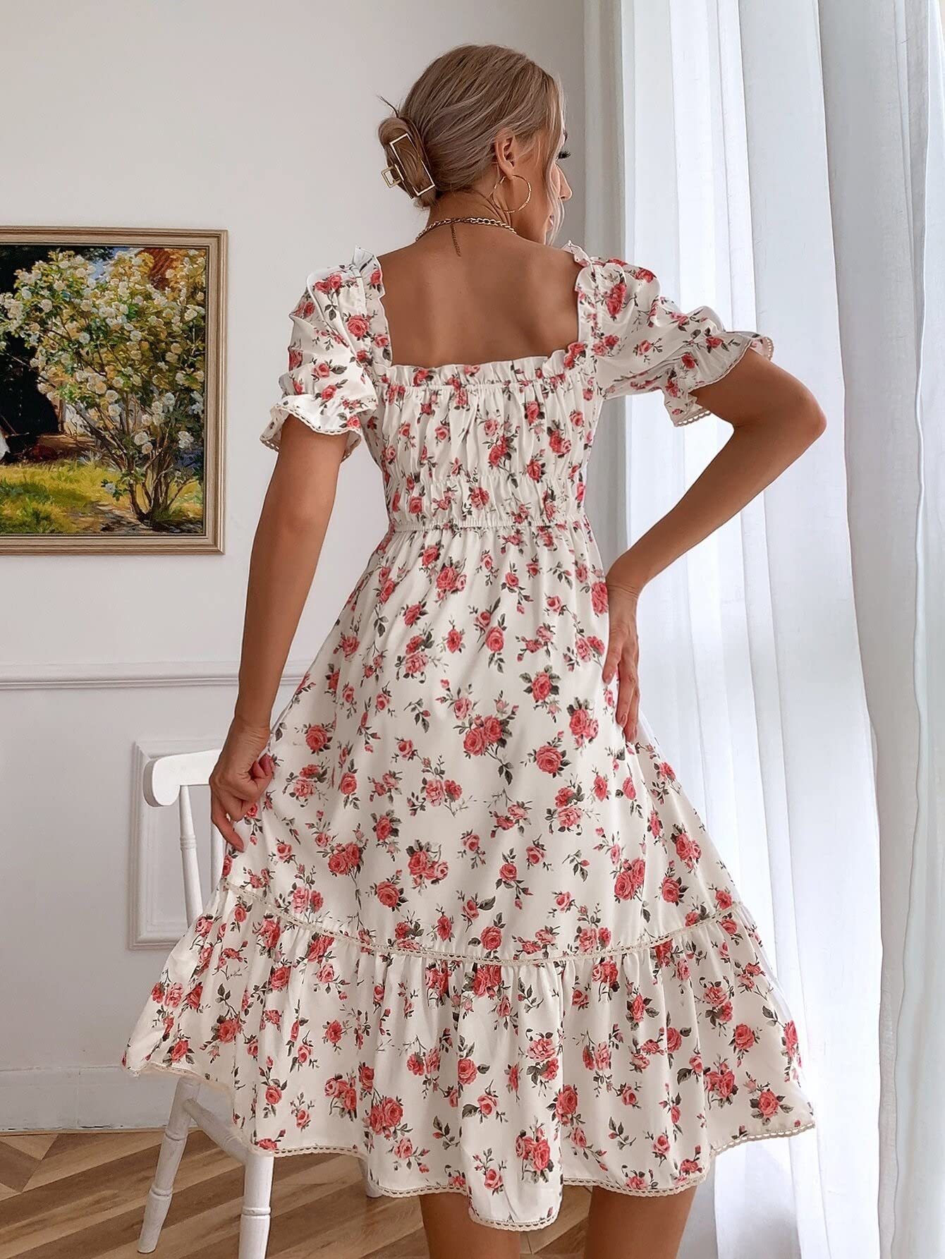 HAOSHU Women's Floral Summer Dress - Square Neck Short Sleeve Mini Dress for Beach Party, Vacation, Casual Outing & Date Night