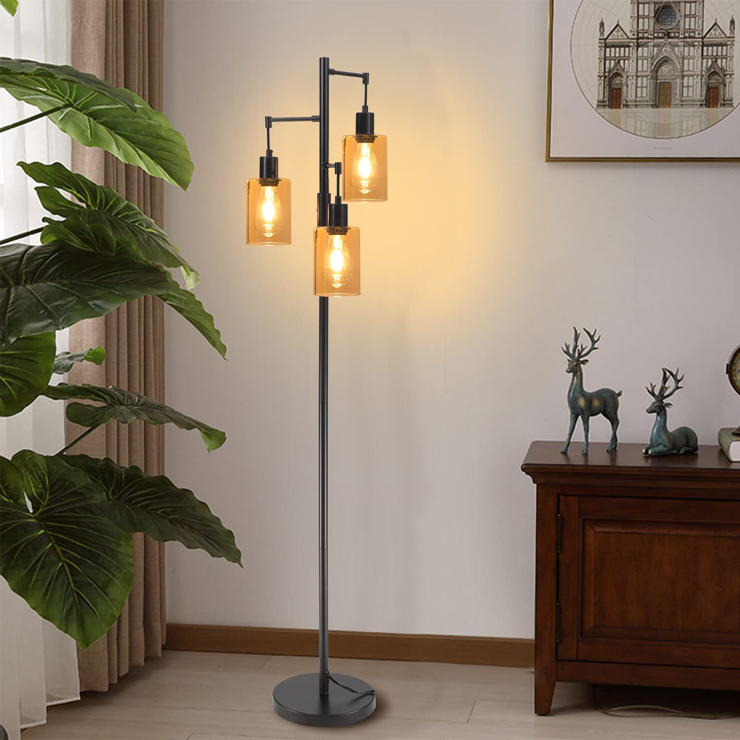 Liylan Farmhouse Floor Lamp - Dimmable Rustic Tree Standing Light with Amber Glass Shade, Oil Rubbed Bronze Finish, 3-Light Tall Pole Lighting for Living Room, Bedroom & Reading Nook | Perfect for Cozy Home Decor & Ambient Lighting