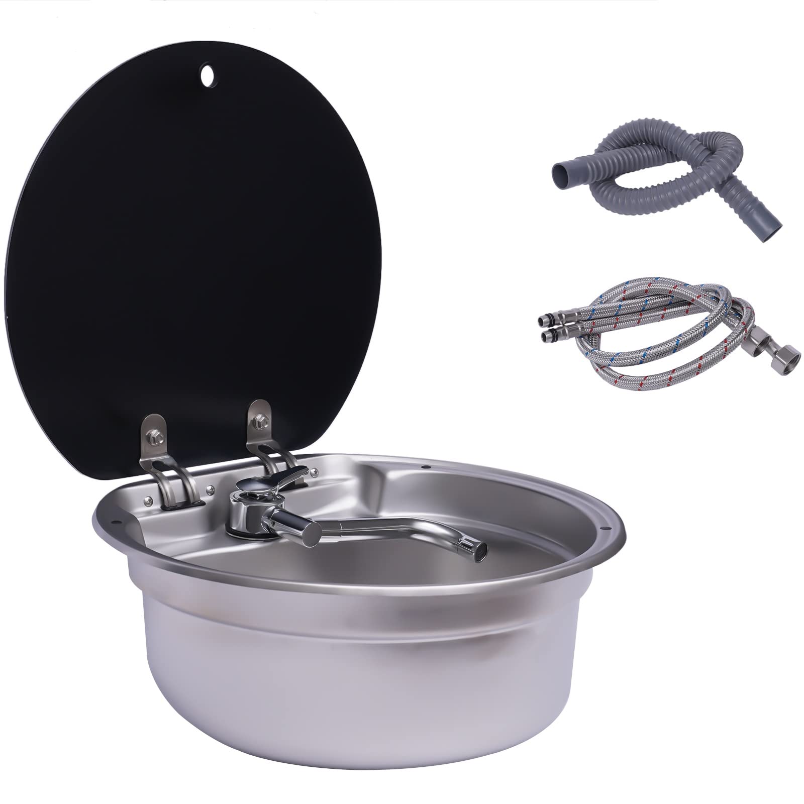 **Round Stainless Steel RV Sink with Folded Faucet & Tempered Glass Lid - Single Bowl Hand Wash Basin for RV, Caravan, Camper Kitchen - Perfect for Compact Spaces & Outdoor Adventures**