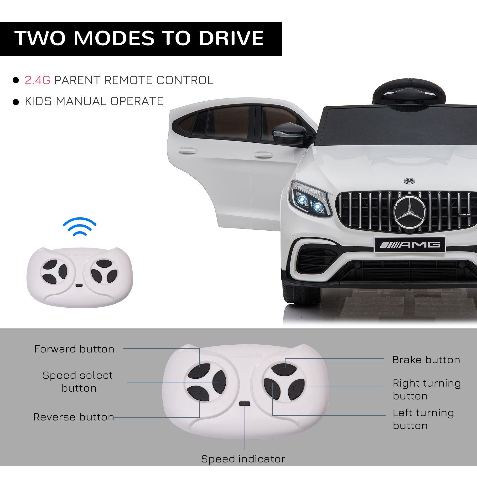 12V Kids Electric Ride On Car with Parent Remote Control - Mercedes Benz AMG GLC63S Coupe Style - 2 Speed Modes, MP3 Player, LED Lights & Horn - Realistic Suspension & Music - White Toddler Toy Car for Indoor & Outdoor Play