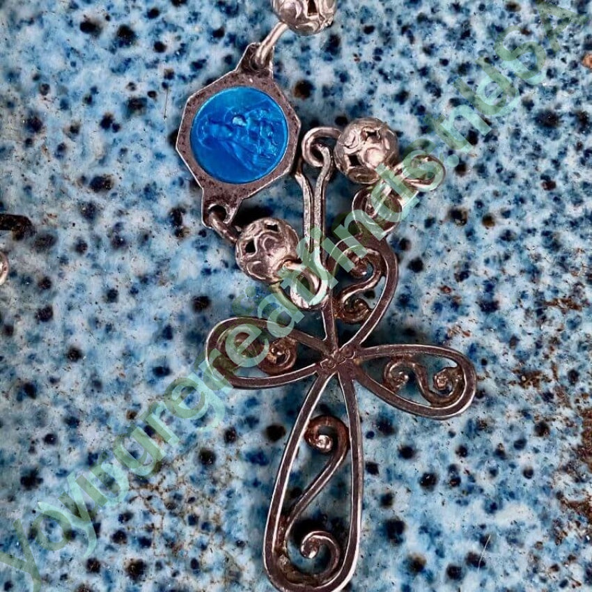 Vintage Sterling Silver Rosary with Blue Enamel - Handmade Catholic Prayer Beads for Religious Gifts & Devotional Use
