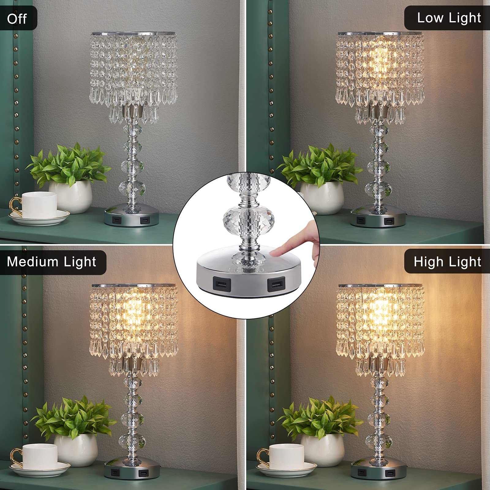 Acaxin Crystal Table Lamp with USB Charging Ports - 3-Way Dimmable Nightstand Lamp for Bedroom, Living Room & Office | Silver Touch Control Glam Lamp for Girls | Perfect for Reading, Relaxing & Charging Devices