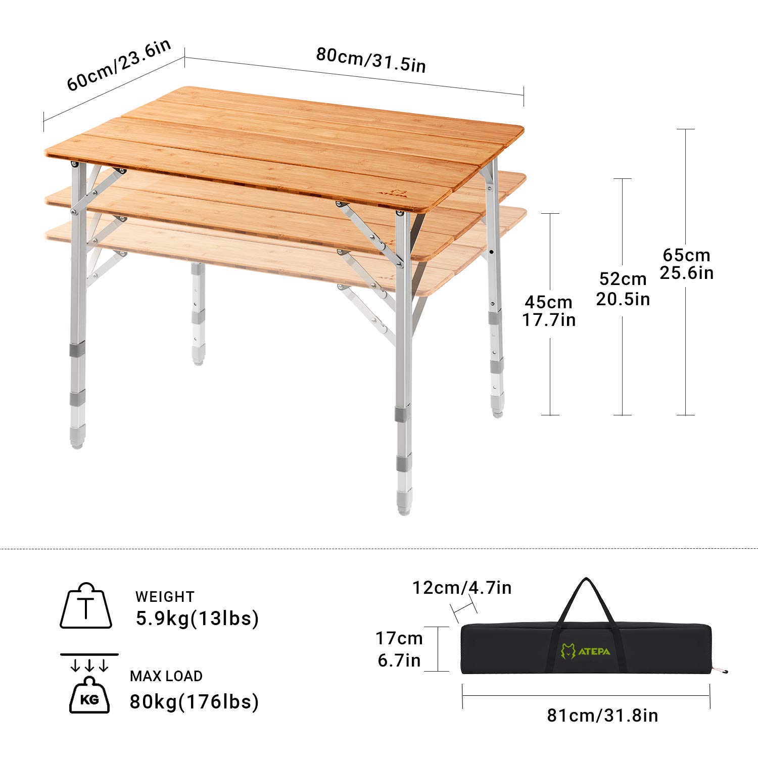 ATEPA Adjustable Height Bamboo Folding Camping Table with Aluminum Legs - Portable Outdoor Coffee Table for Patio, Travel, Picnic, Indoor & Outdoor Use - Perfect for Backyard BBQs, Beach Trips and RV Camping