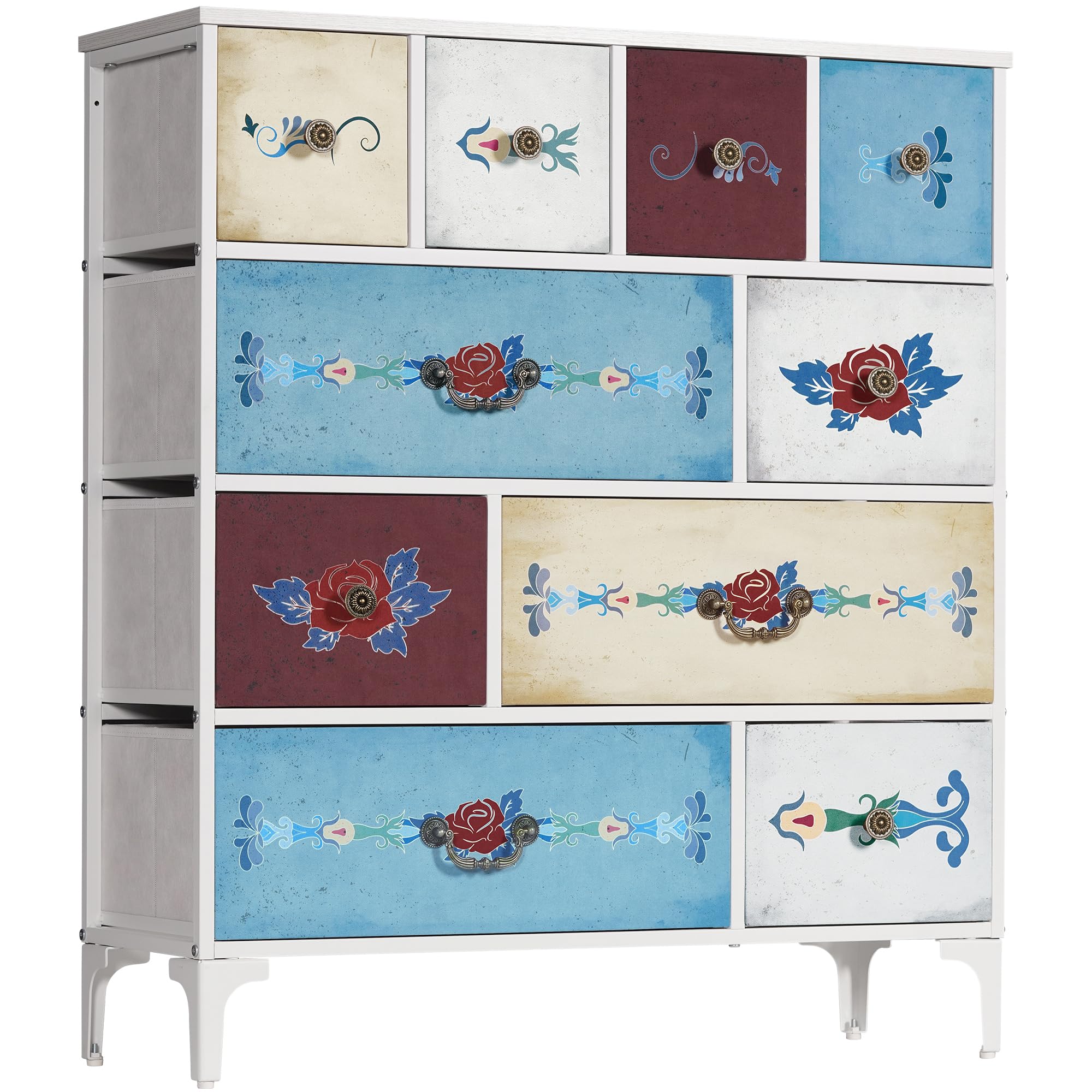 LYNCOHOME Boho Dresser for Bedroom - 10 Drawer Tall Chest Organizer in White | Perfect for Closet, Entryway, Living Room, Nursery & Hallway Storage Solutions