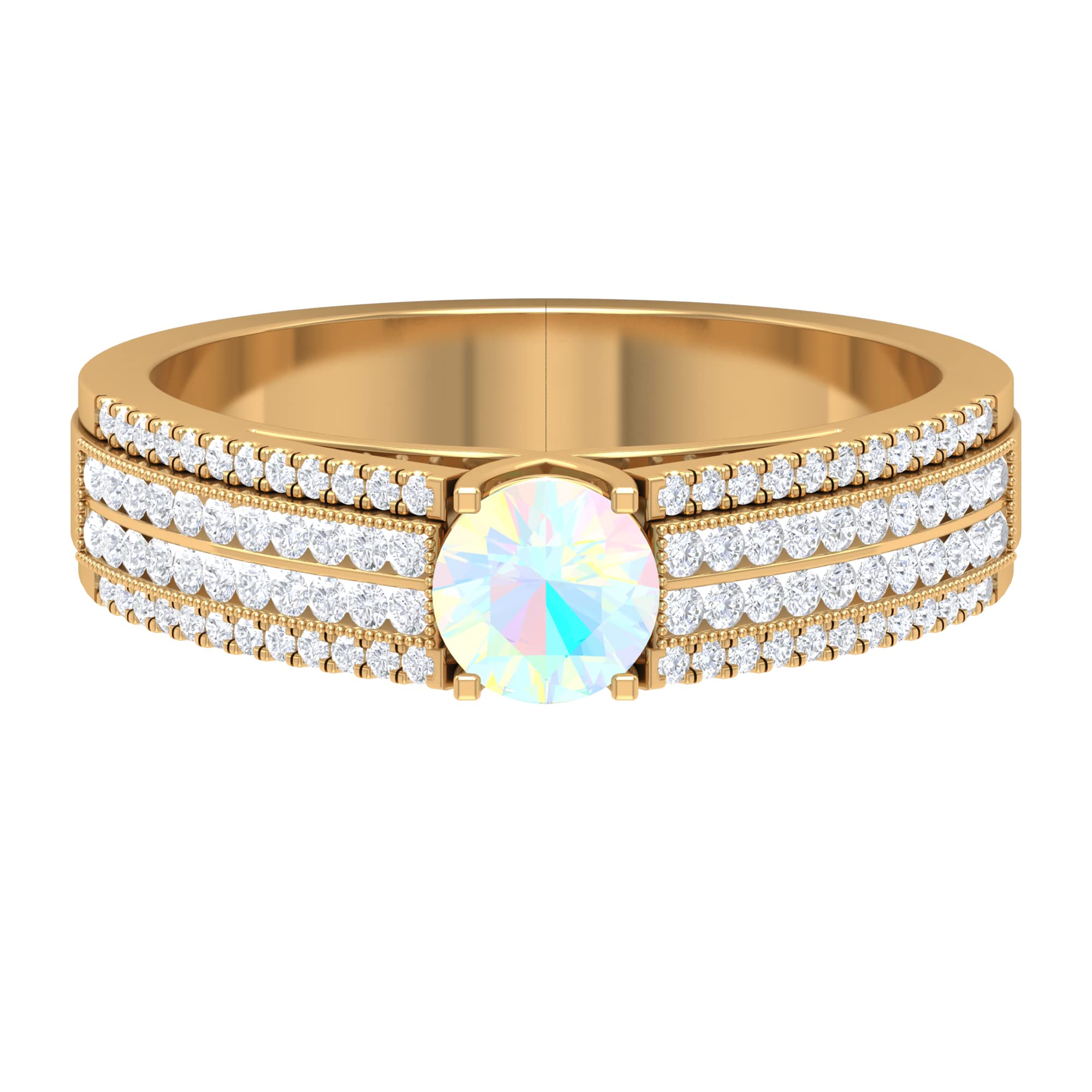 3/4 CT Ethiopian Opal and Diamond Ring - 5mm Solitaire Opal Ring with Diamond Accents - 14K Solid Gold Side Stone Engagement Ring - October Birthstone Jewelry for Women - Perfect for Weddings, Anniversaries & Special Occasions