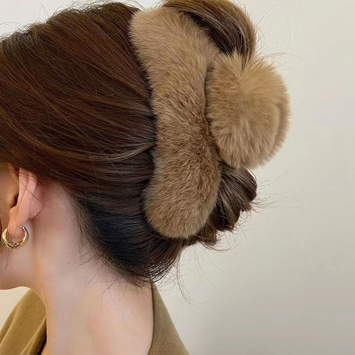 YOYLMAL Large Faux Fur Hair Claw Clip for Women - 5.1 Inch Winter Fluffy Hair Clips, Non-Slip Strong Hold Furry Big Jaw Clamp for Thick Long Hair (Coffee Brown) - Perfect for Parties, Weddings and Everyday Styling