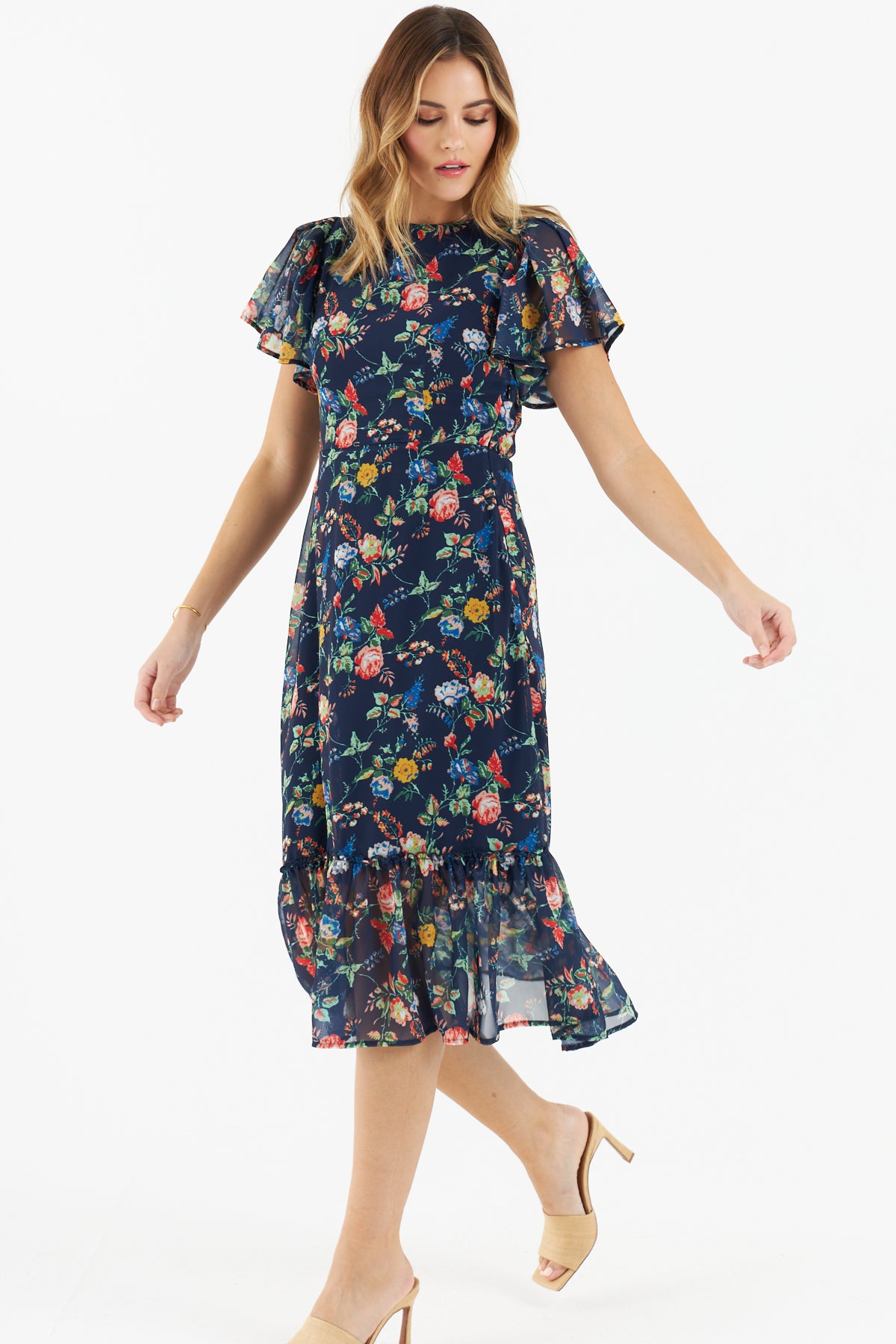 Chia Floral Print Midi Dress for Women - Navy Blue Flowy Summer Dress - Perfect for Beach Vacations, Weddings & Casual Outings
