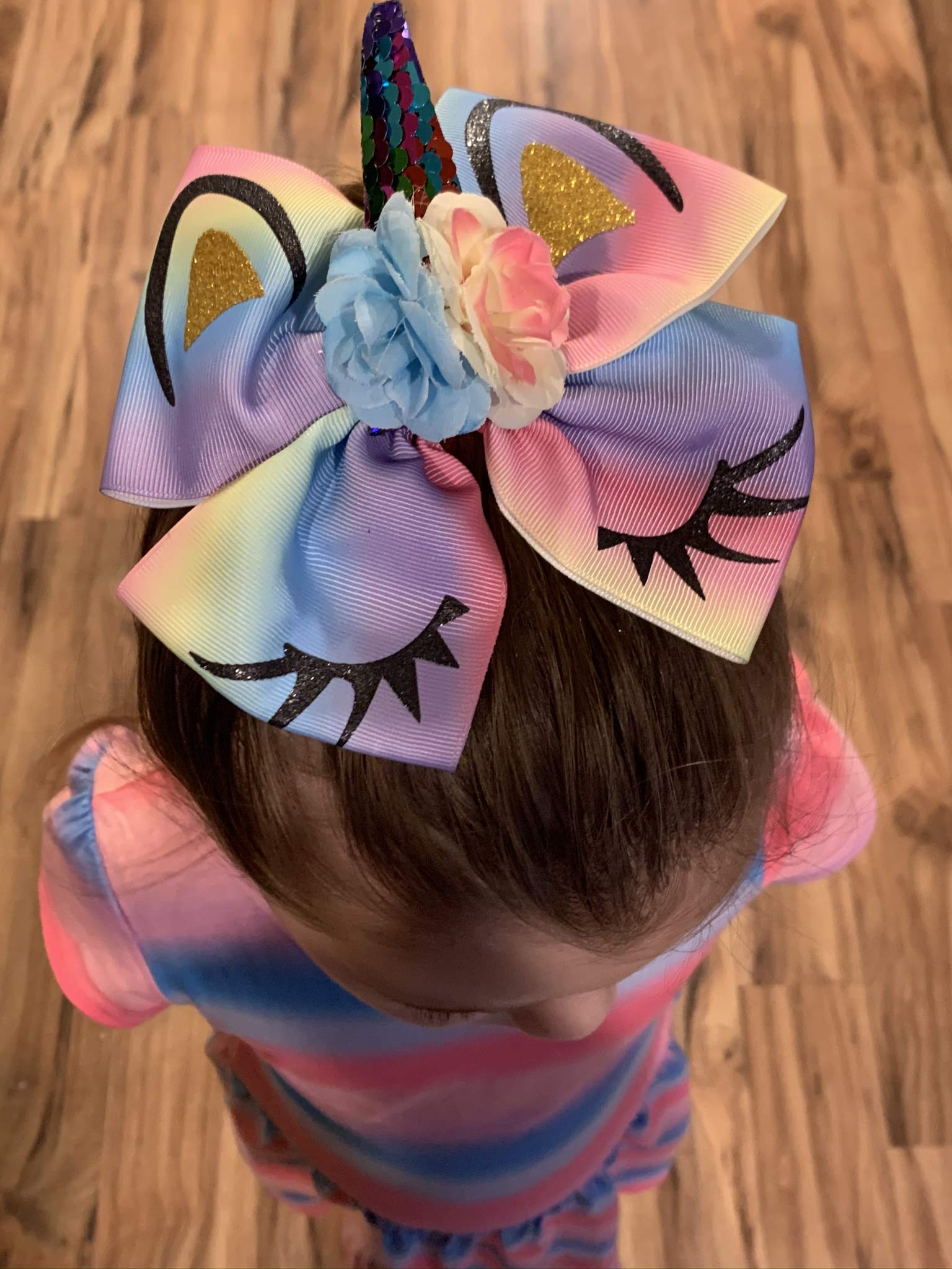 Rainbow Yellow Blue Flower Large Unicorn Bow 6