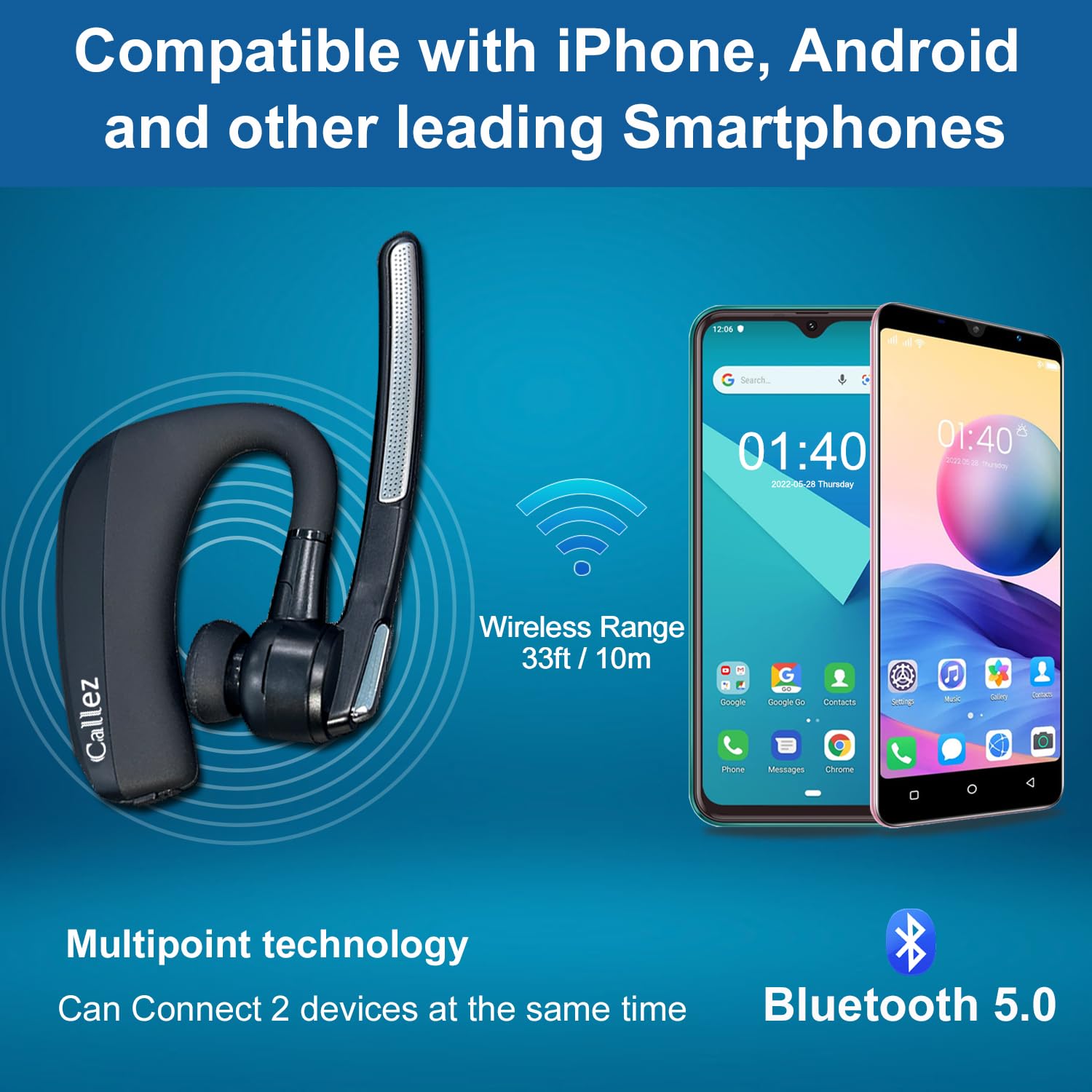 Wireless Bluetooth Headset for iPhone & Android Phones - V5.0 Earpiece with CVC8.0 Noise Cancellation, Dual Mic, Mute/Volume Controls - Hands-Free Headset for Truckers, Office, Business Calls & Online Meetings