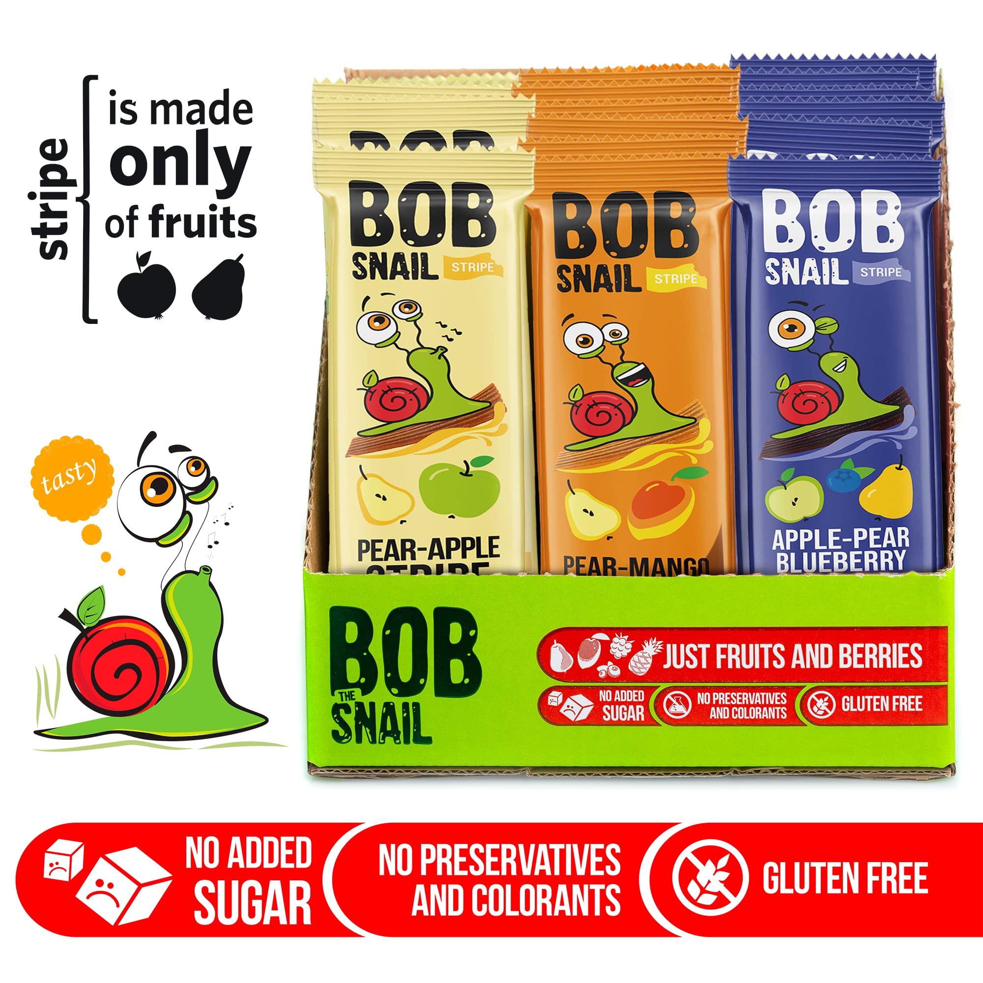 BOB SNAIL Healthy Fruit Snacks Variety Pack - 30 Individually Wrapped Natural Fruit Bars with Mango, Blueberries, Pears & Apple | Gluten-Free, Vegan, Low Carb, No Sugar Added | Perfect for School Lunches, Office Snacks & On-the-Go Nutrition