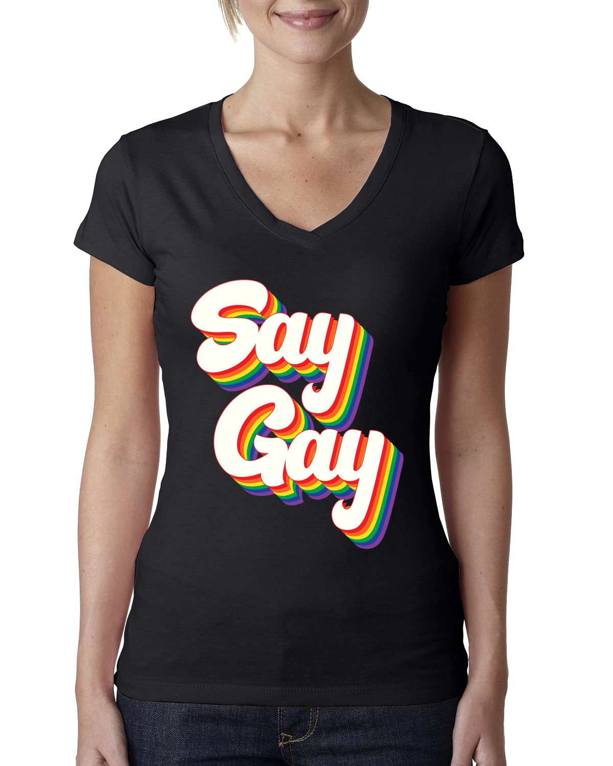 Retro Vintage Rainbow LGBT Pride Women's Junior Fit V-Neck T-Shirt - Say Gay Tee for Pride Month, LGBTQ+ Events & Ally Support