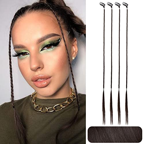 4 PCS Clip-in Baby Braid Hair Extensions - 20 Inch Dark Brown Synthetic Braided Bangs for Women | Natural Soft Front Side Curtain Bangs | Perfect for Daily Wear, Cosplay & Protective Hairstyles