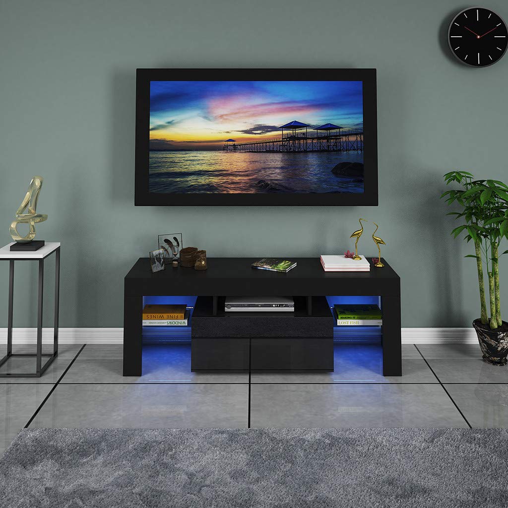 Modern TV Stand with LED Lights for 55-65 Inch TVs - Mid Century Entertainment Center & Storage Cabinet - Wooden Media Console for Living Room, Bedroom & Home Office - Perfect for Movie Nights & Gaming Setup (Black)