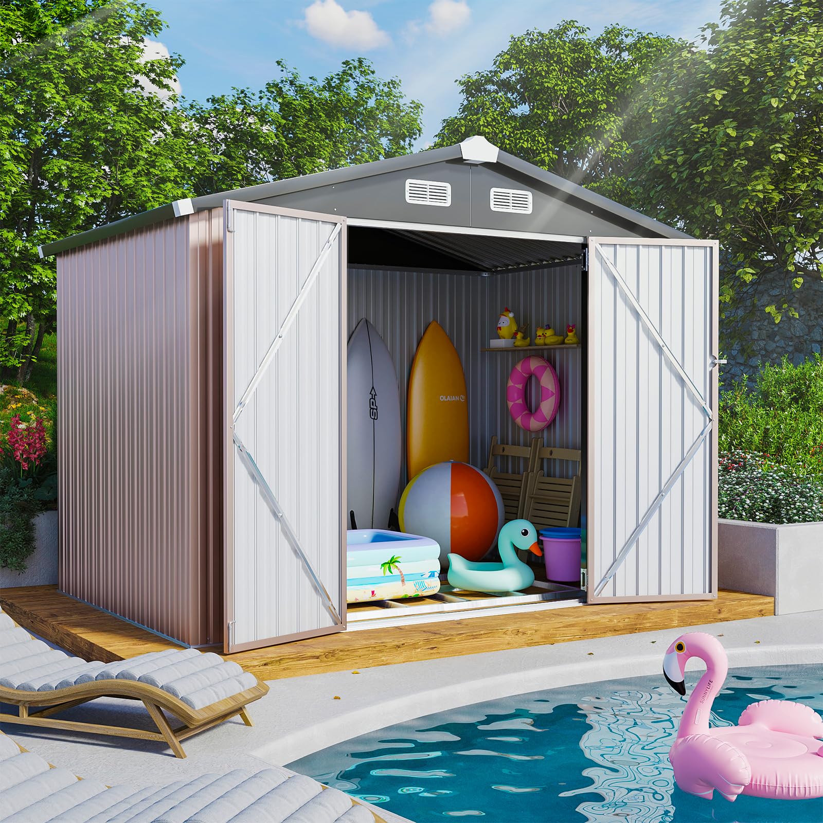 8x5.6ft Outdoor Storage Shed with Base - Heavy Duty Metal Garden Shed for Lawn Mower, Bike, Tools | Lockable Door for Backyard, Patio & Garage Organization | Weatherproof Outdoor Storage Solution