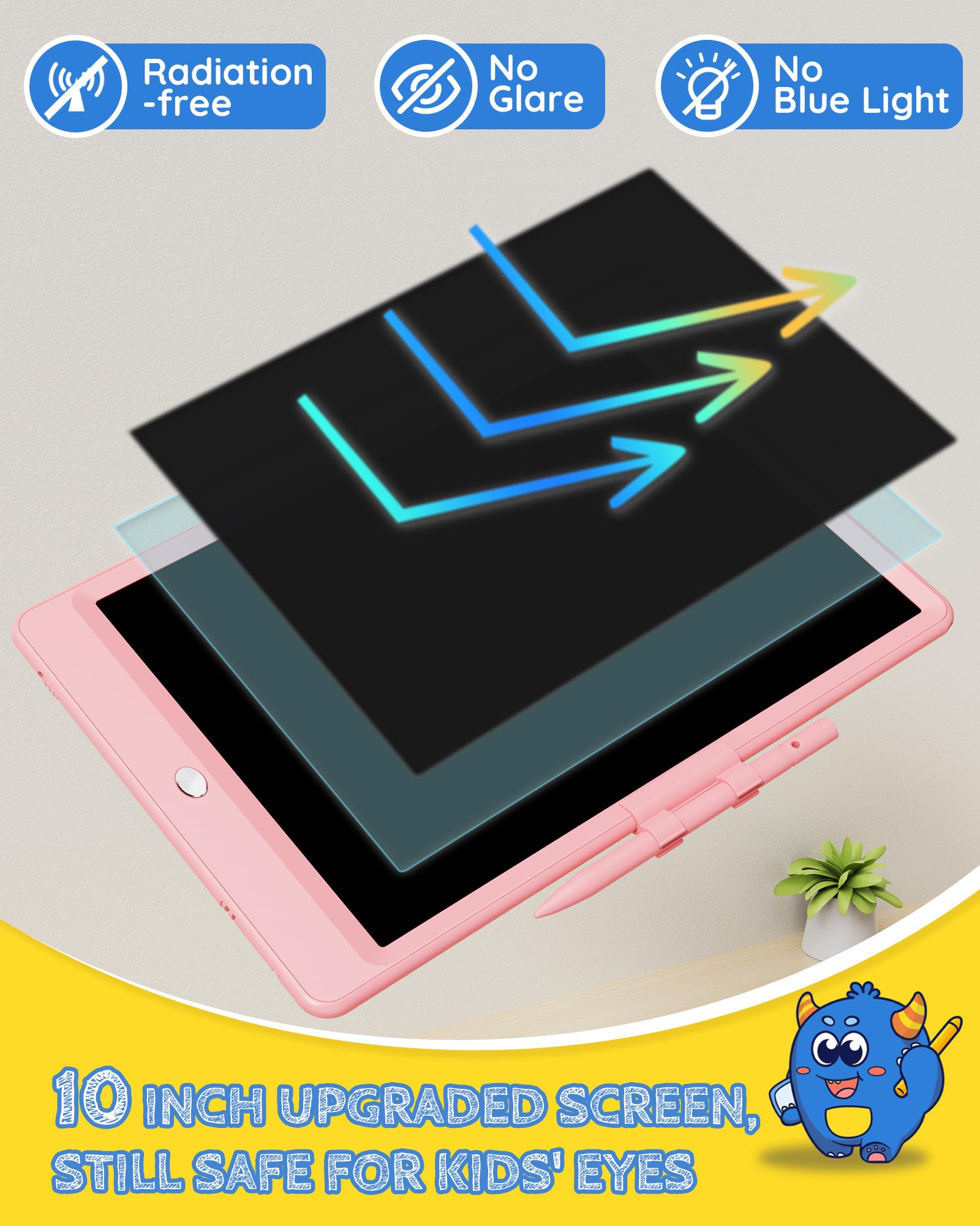 TEKFUN 10 Inch LCD Writing Tablet - Colorful Kids Drawing Pad, Mess-Free Doodle Board for Toddlers Ages 3-8 | Reusable Educational Toy Gift for Boys & Girls (Pink) | Perfect for Travel, School & Home Play