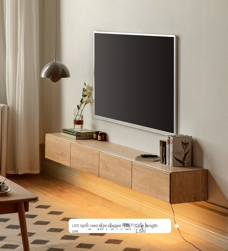 Oak Solid Wood TV Stand with Hanging LED Lights - Modern Entertainment Center for Living Room & Home Theater
