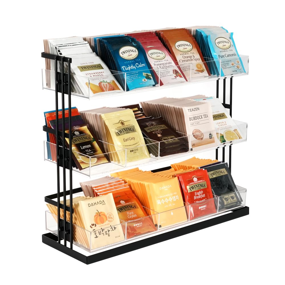 Premium 3-Tier Tea Bag Organizer - Stainless Steel & Acrylic Storage Holder with 15 Compartments for Tea Bags, Sugar Packets & Coffee Pods - Space-Saving Countertop Organizer for Kitchen, Office or Coffee Station (Black, MK956A) by J JACKCUBE DESIGN