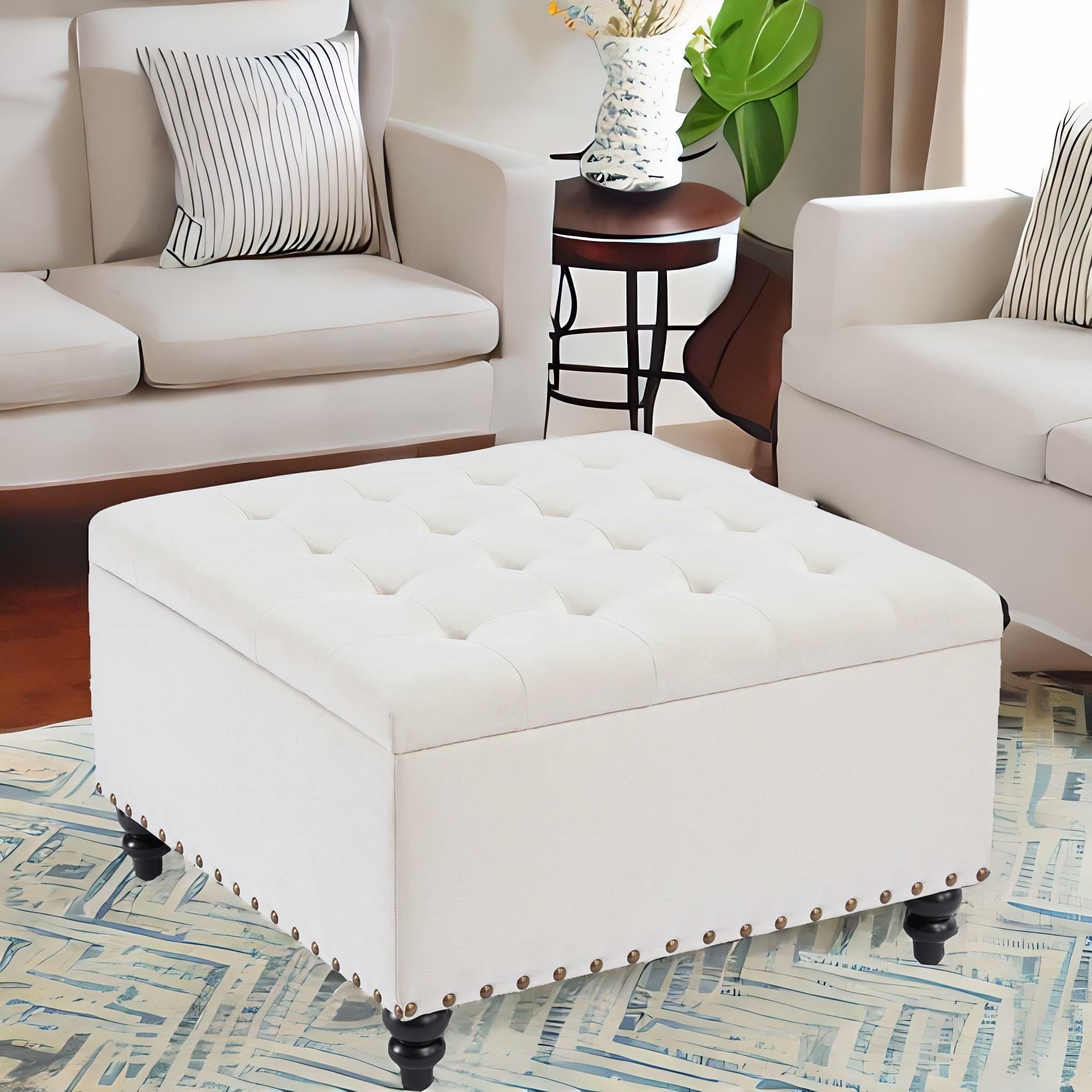 HUIMO Square Storage Ottoman - Multifunctional Coffee Table with Hidden Storage for Living Room, Bedroom, or Office (Beige) - Perfect for Extra Seating, Footrest, and Home Organization