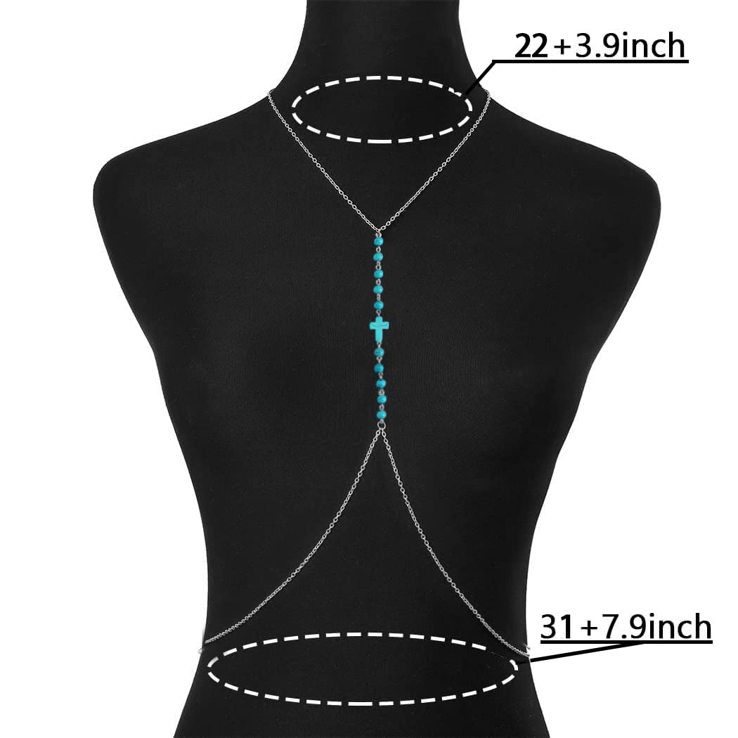 Turquoise Body Chain Jewelry for Women - 4mm Beaded Bikini Bra Necklace with Cross Charm, Perfect for Summer Beach & Festival Outfits
