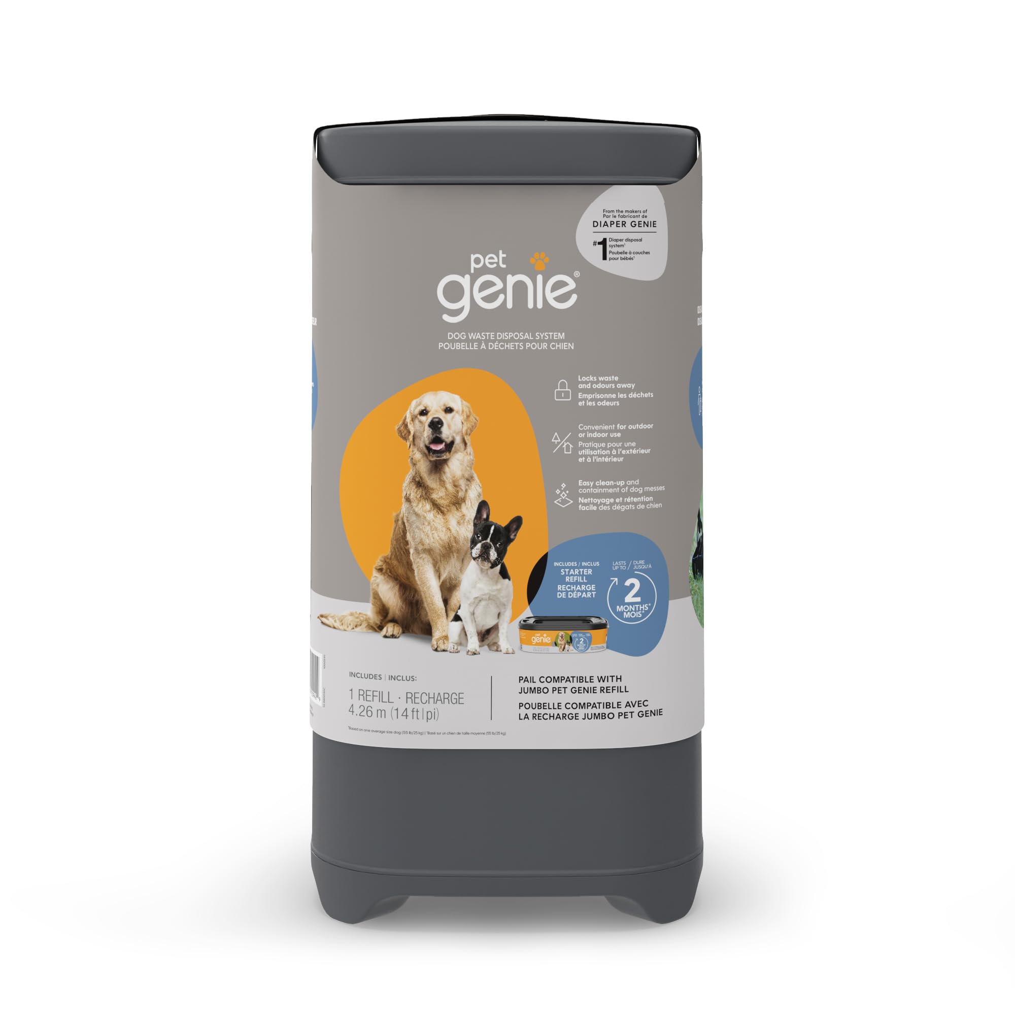 Pet Genie Pail - Odor-Controlling Dog Waste Disposal System for Indoor & Outdoor Use | Includes 1 Square Refill Bag (Lasts 2 Months) | Perfect for Backyards, Patios & Pet Stations