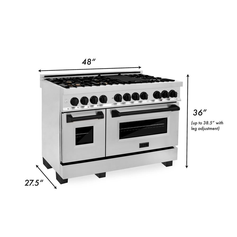 ZLINE Autograph Edition 48-inch Stainless Steel Dual Fuel Range with Range Hood & Dishwasher - Matte Black Accents Kitchen Package (3AKP RARHDWM48 MB) | Professional Cooking for Home Chefs & Entertaining