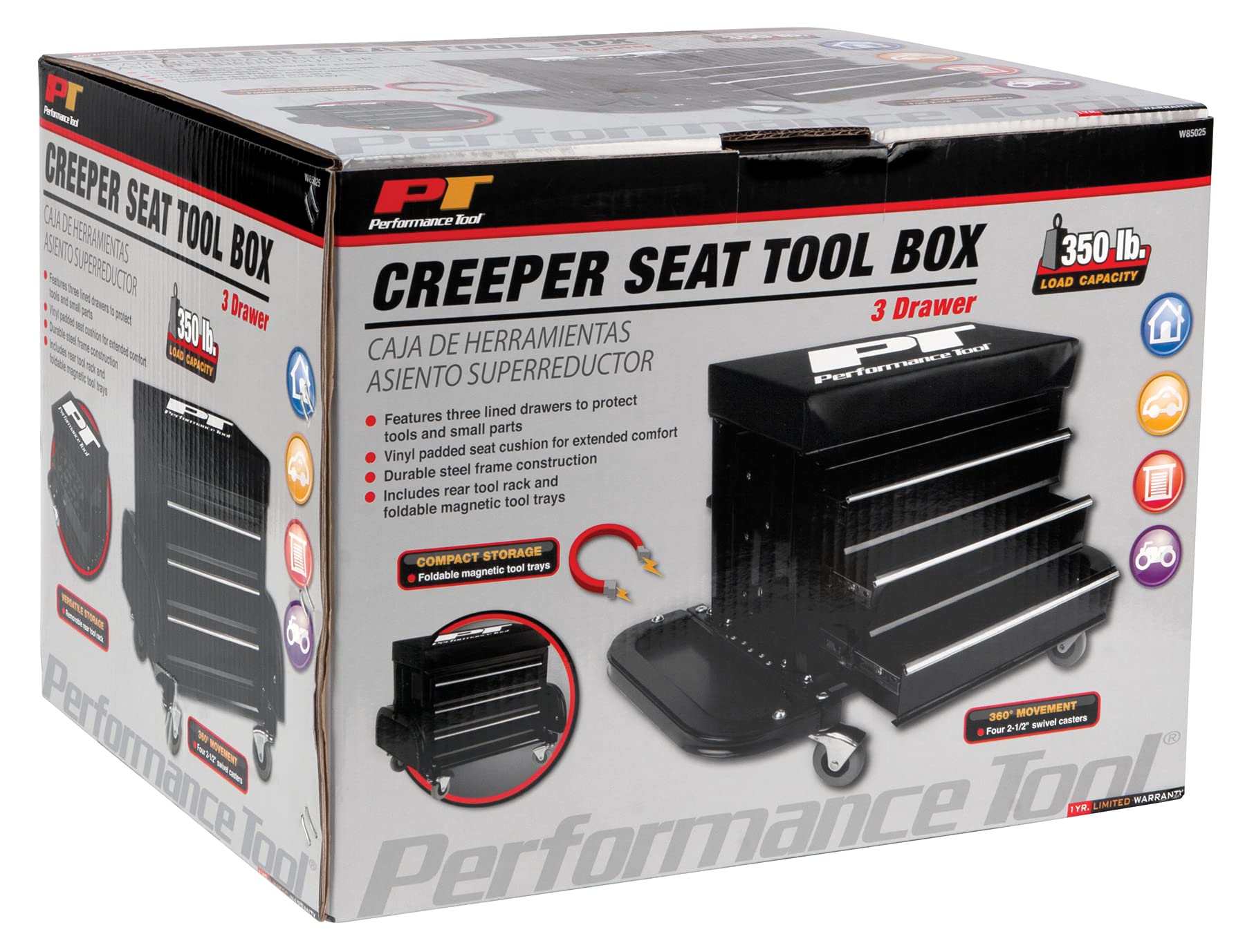 Performance Tool W85025 3-Drawer Rolling Tool Chest Seat with Magnetic Side Trays - Heavy Duty Black Tool Storage for Garage, Workshop & Auto Repair | Mobile Workbench with Organizer & Seat
