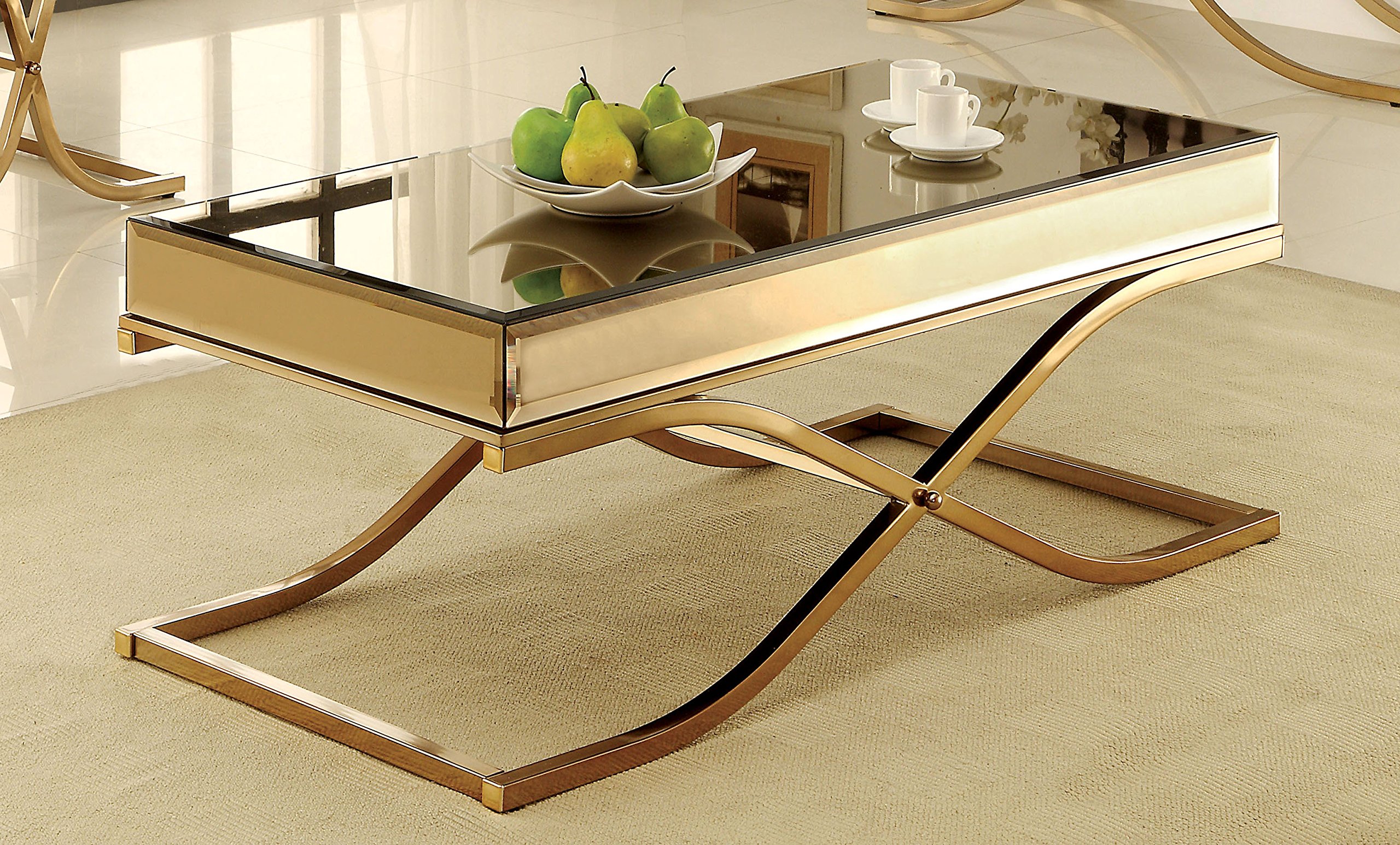 Furniture of America Dorelle Contemporary Glass Top Coffee Table with Brass Frame - Modern Living Room Centerpiece for Home Decor & Entertaining