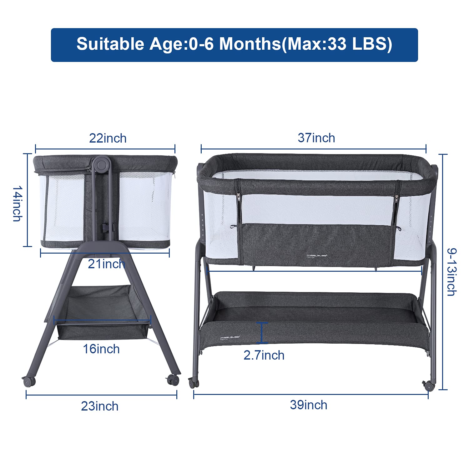 **ANGELBLISS Baby Bassinet Bedside Crib with Storage Basket & Wheels - Adjustable Height, Portable & Foldable Newborn Sleeper for Nursery, Travel & Co-Sleeping**