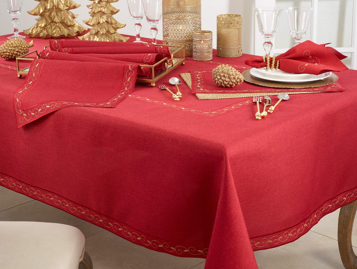 Fennco Styles Holiday Embroidered Tablecloth 67x160 Inch Red - Elegant Christmas Table Cover for Home Decor, Banquets, Parties & Special Events - Perfect for Dining Room, Holiday Gatherings & Festive Celebrations