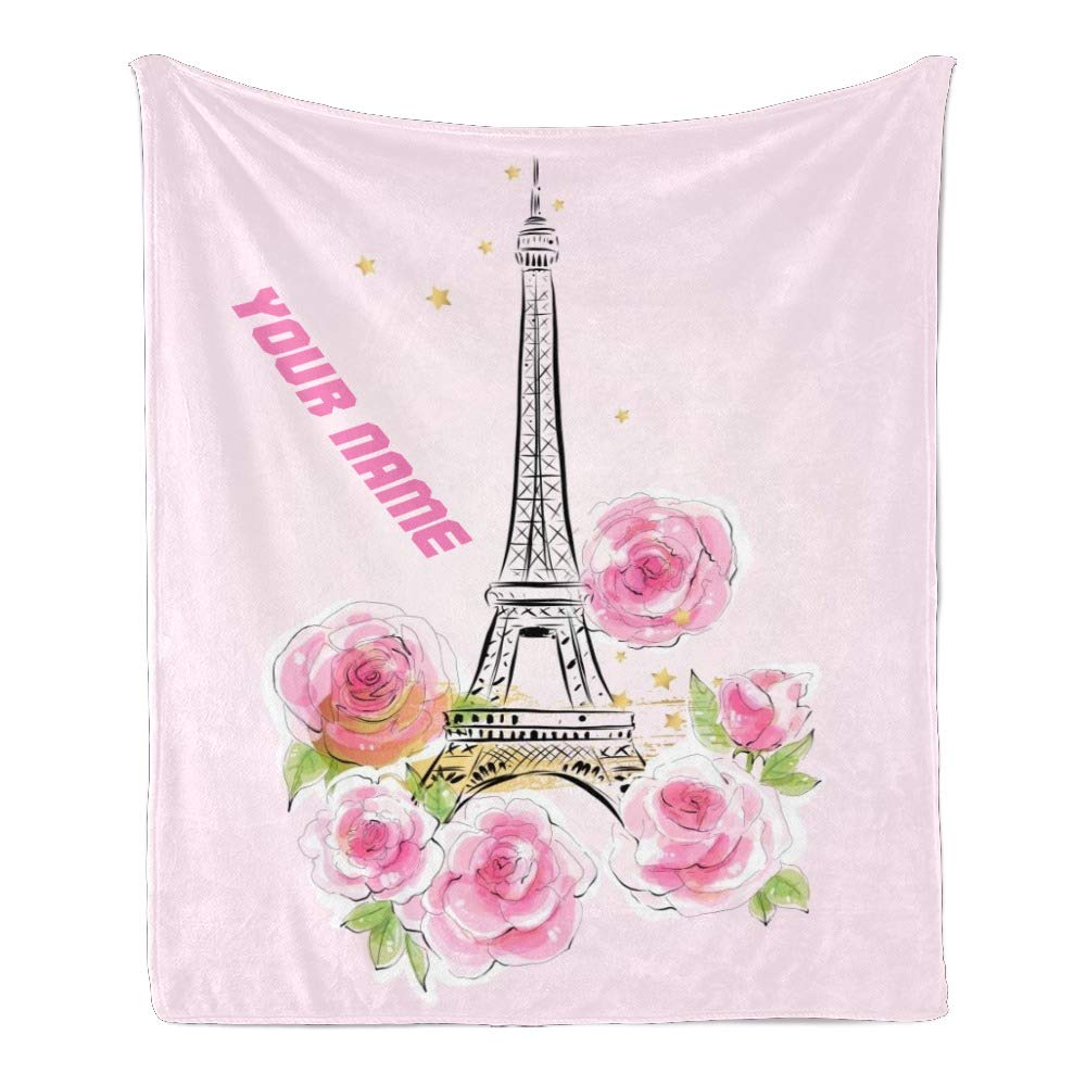 Personalized Eiffel Tower Fleece Blanket with Name - Super Soft Rose Flower Paris Design Custom Throw Blanket 50x60 inches for Couch, Sofa & Bed - Perfect for Gifts, Home Decor & Cozy Nights
