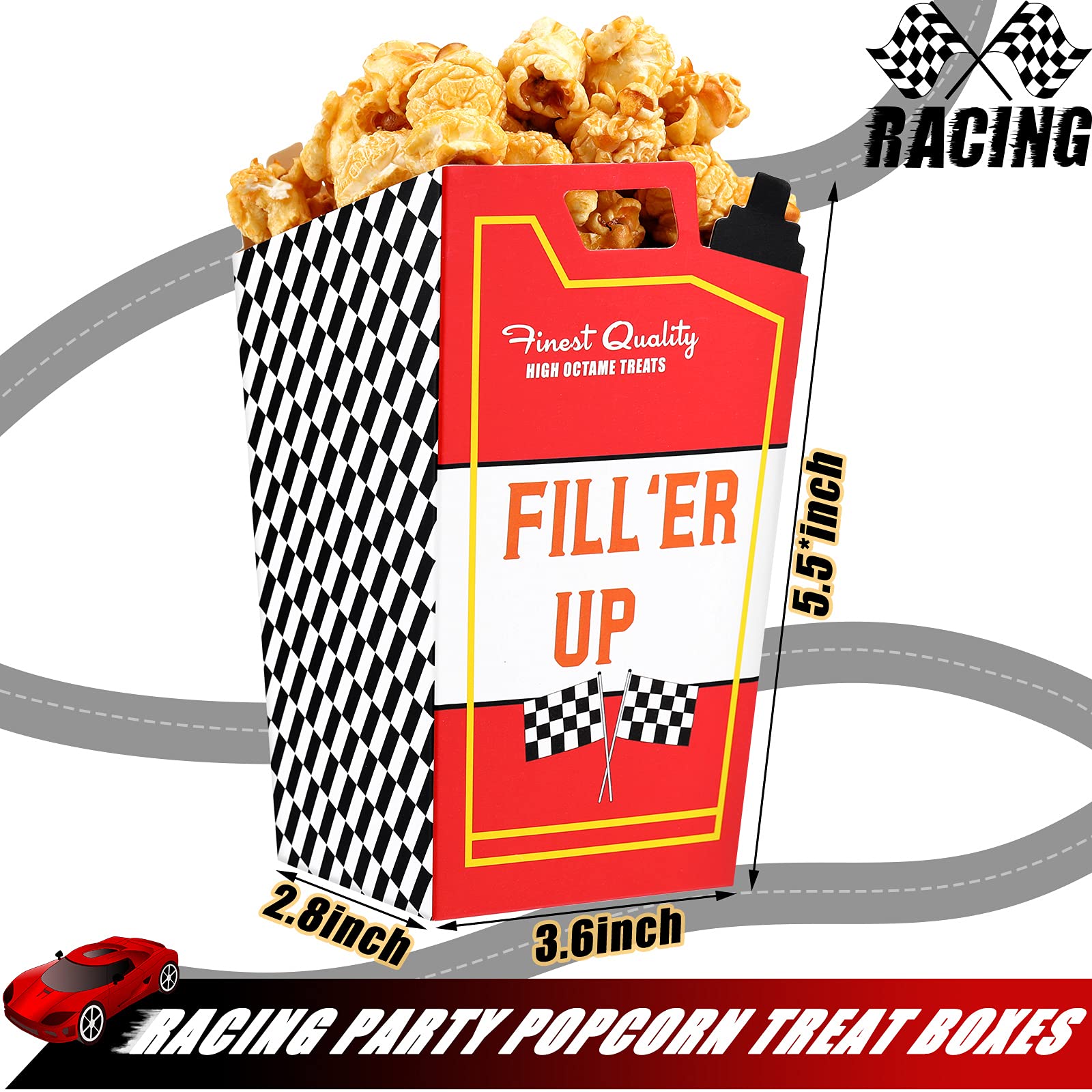 Outus 24-Piece Race Car Fuel Can Popcorn Treat Boxes - Candy & Cookie Containers for Racing Birthday Party, Baby Shower, Bridal Shower - Perfect for Race Car Theme Party Favors & Decorations - Great for Kids' Birthday Parties, Themed Events & Gift Packaging