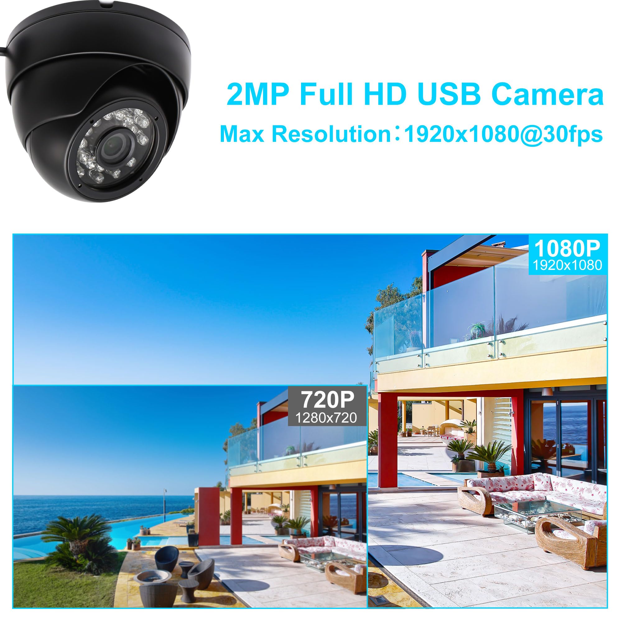 2MP USB Security Camera with H.264 1080P HD Video, Day/Night Vision & 24 IR LEDs - Indoor/Outdoor Dome Webcam for Windows, Mac, Linux, Android - Perfect for Home Surveillance, Baby Monitoring & Office Security (0.01LUX Low Light Performance)