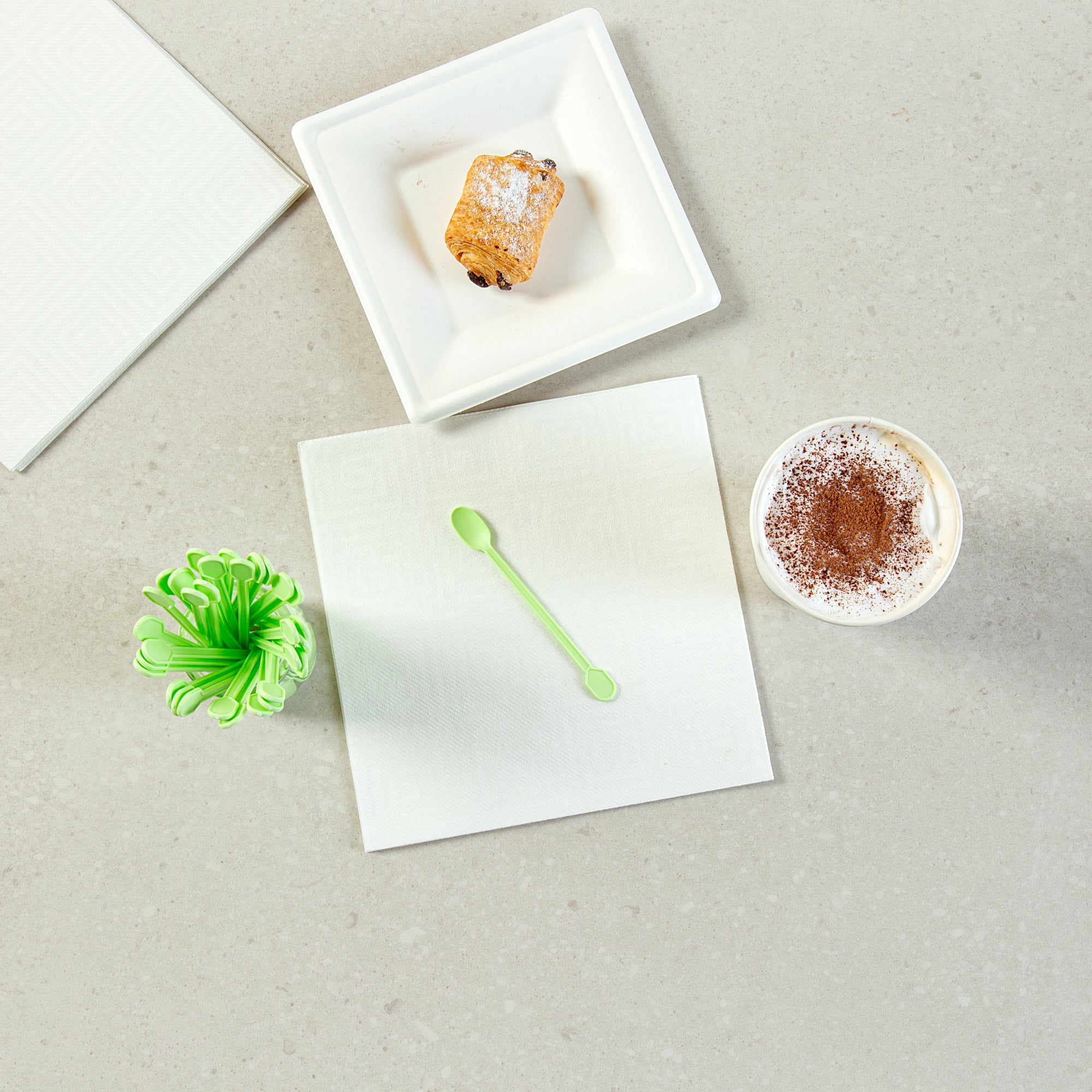 Eco-Friendly Compostable CPLA Plastic Coffee Stirrers & Spoons - 100 Count Box | Biodegradable Stir Sticks for Hot & Cold Beverages | Perfect for Coffee Shops, Offices, and Home Use