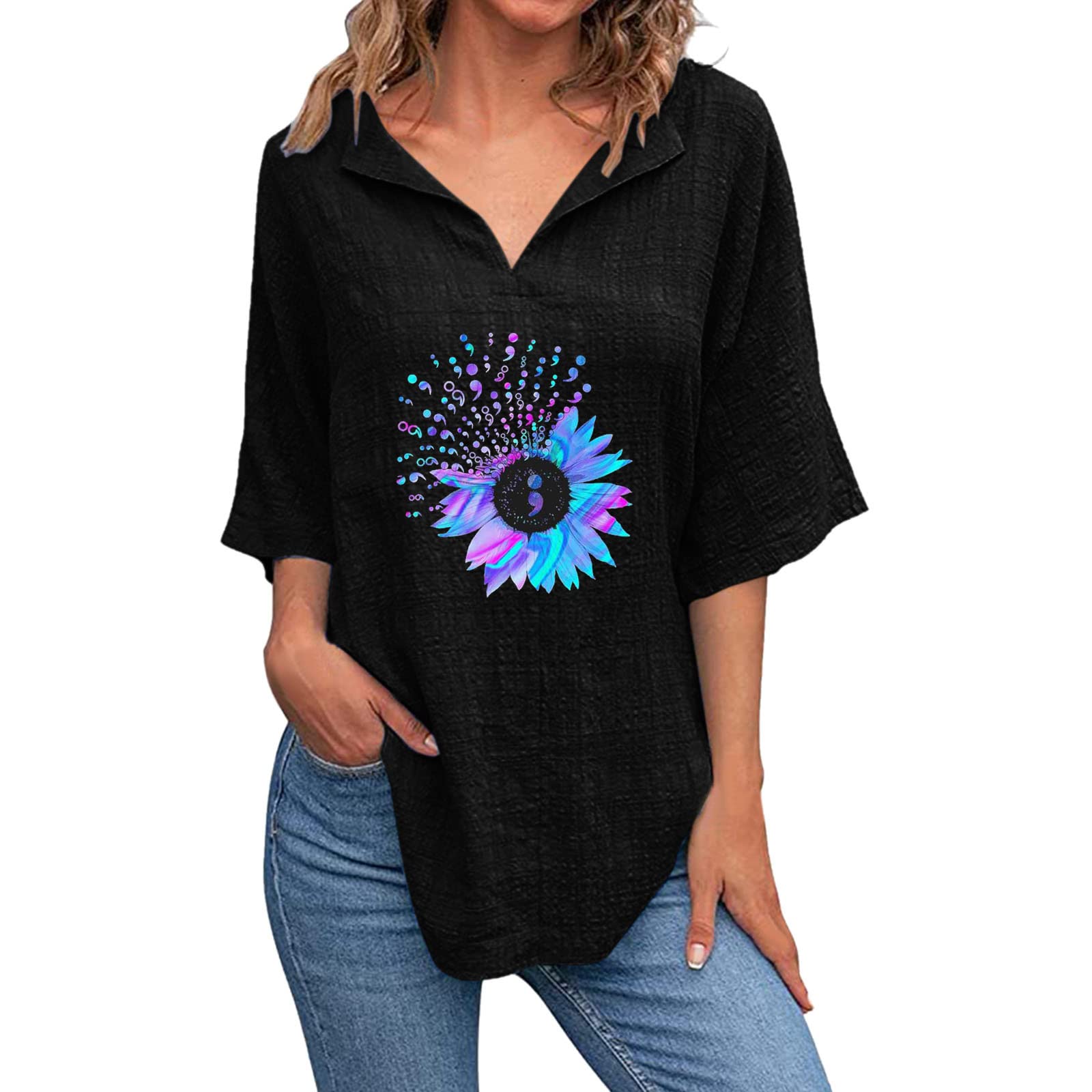 Women's Summer V-Neck Short Sleeve Sunflower Print Cotton Linen Blouse - Casual Loose Fit T-Shirt for Beach, Vacation & Everyday Wear