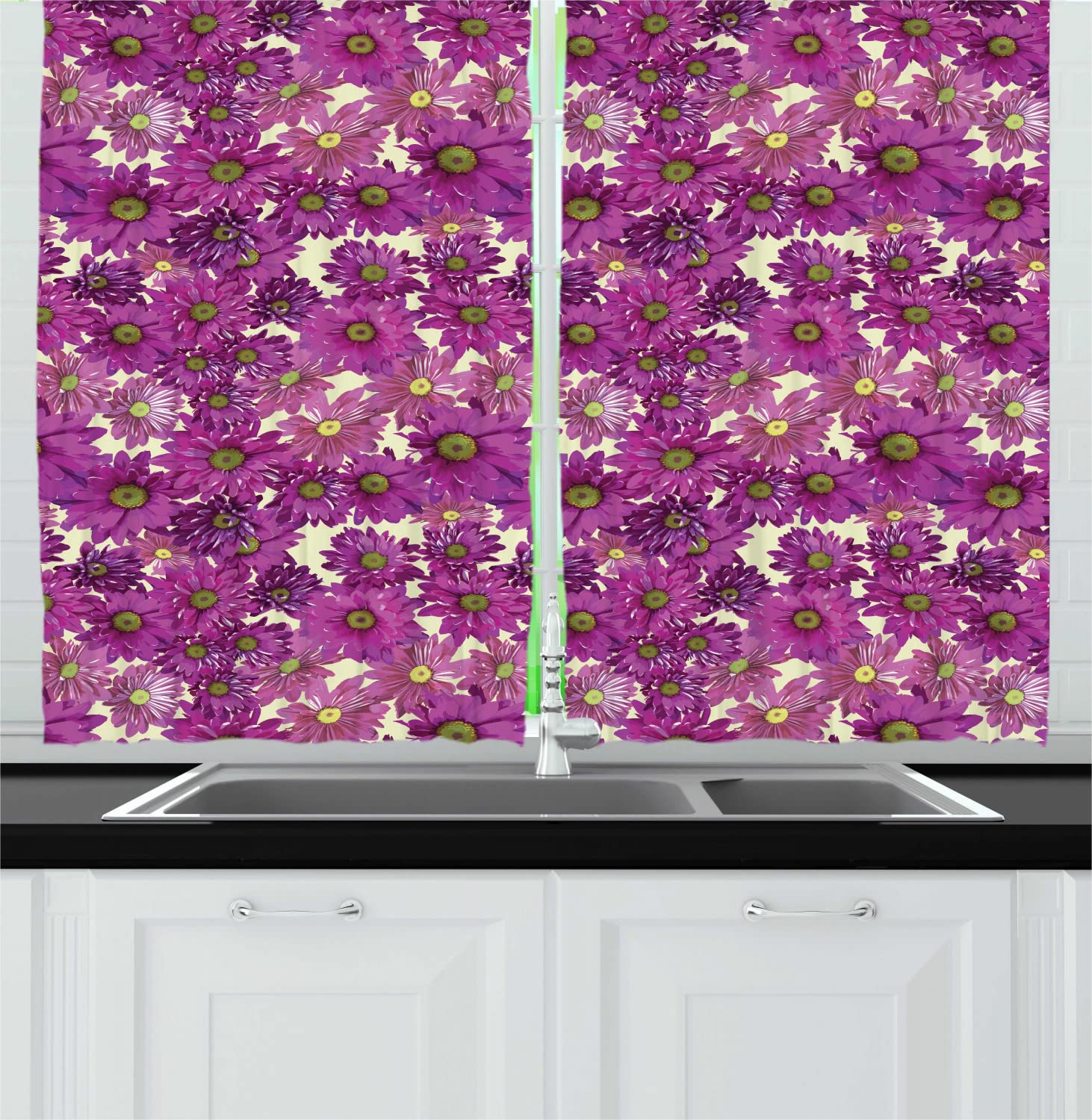 Ambesonne Floral Long Kitchen Curtains - Spring Meadow Flower Bouquets with Chamomiles & Chrysanthemums - 2 Panel Rod Pocket Drapes for Windows - 55
