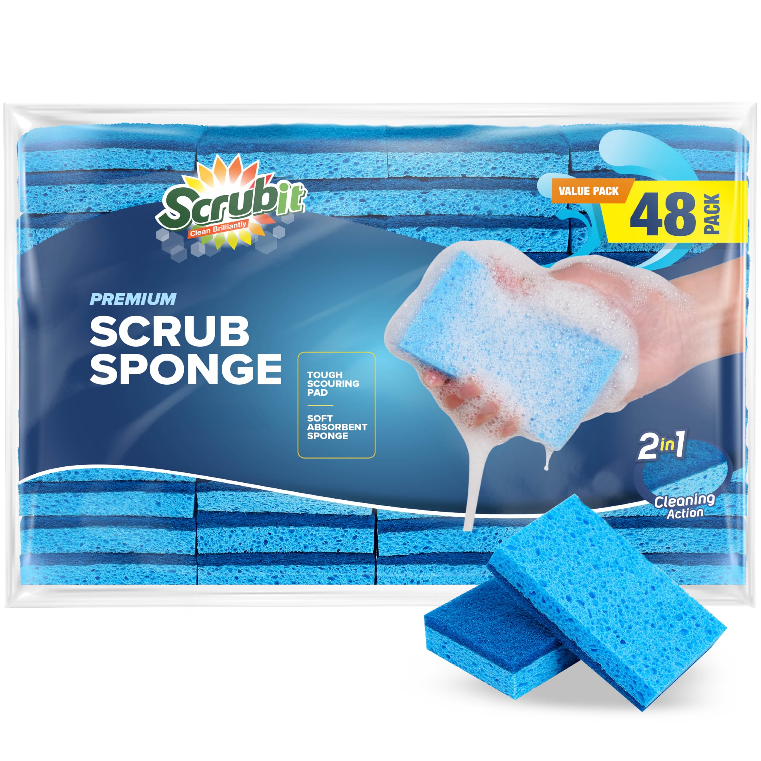 SCRUBIT 48 Pack Heavy-Duty Kitchen Sponges for Dishwashing, Cleaning Kitchen & Bathroom - Blue Non-Scratch Sponges with Scrubber - Bulk Cleaning Supplies for Home, Office, and Outdoor Use