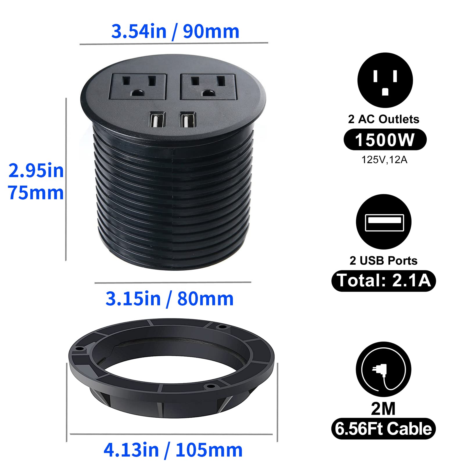 Black Desk Power Grommet with 4 USB Ports & 3 AC Outlets - Recessed Power Strip for Home Office, Conference Room, Countertop, Sofa Cabinet - Cable Management Solution for Workstations & Entertainment Centers