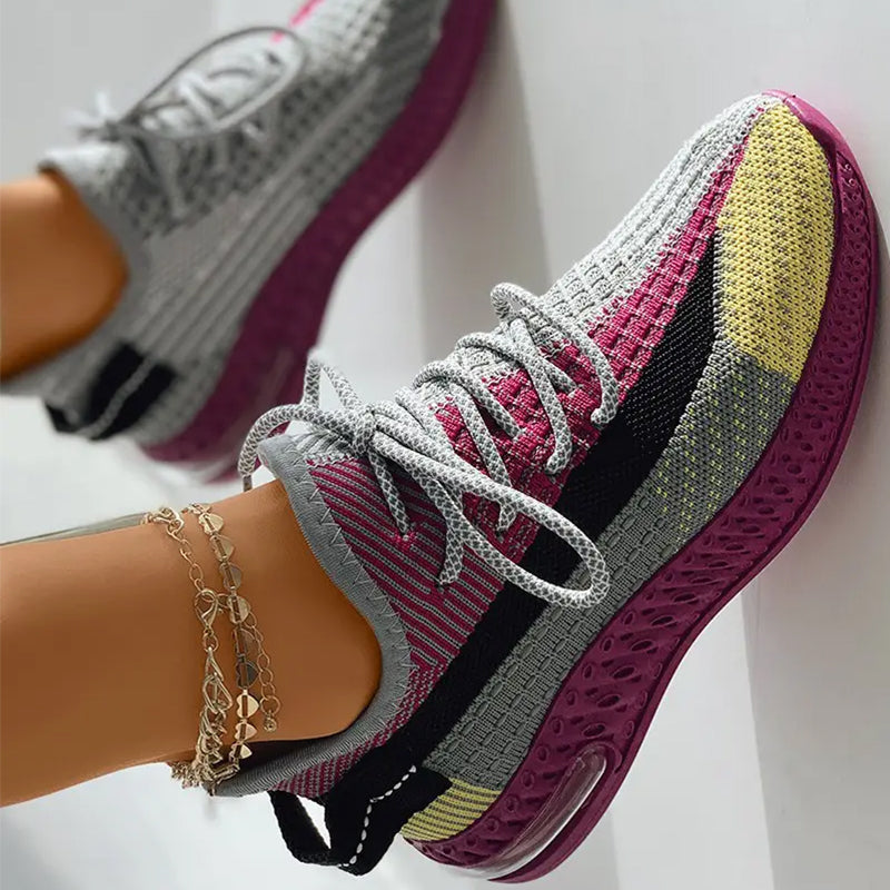 Colorblock Lace-Up Sneakers for Women - Trendy Fashion Running Shoes for Casual Wear & Gym Workouts