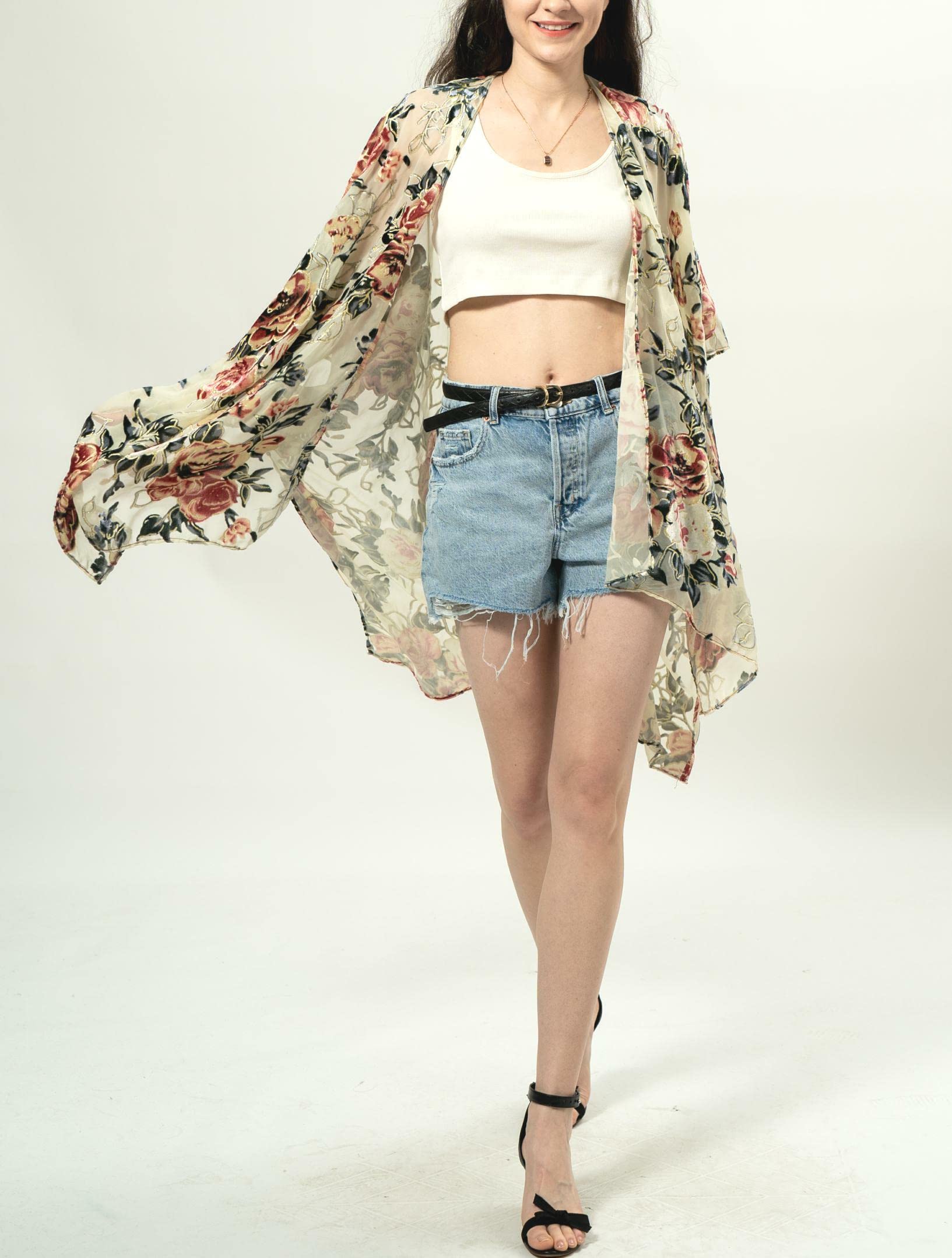 Women's Velvet Kimono Cardigan - Long Swimsuit Cover Up with Peonies & Gold Trim, Free Size, Beach Wrap, Easter Gift - Perfect for Poolside, Vacation, and Spring Celebrations