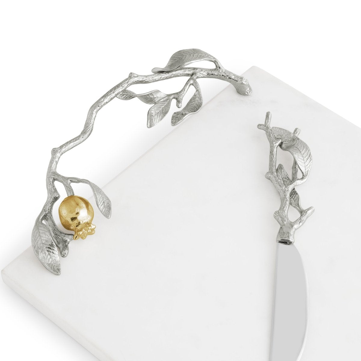 Elegant Pomegranate Silver & Gold Cheese Board Set with Spreader - Perfect for Wine Parties, Charcuterie Platters & Holiday Entertaining
