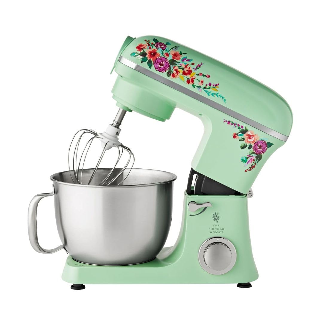 Pioneer Woman 5 Qt 600W 6-Speed Stand Mixer with Beater, Dough Hook & Whisk - Dishwasher Safe, Durable Die-Cast Metal Body - Perfect for Baking Cakes, Cookies & Bread at Home