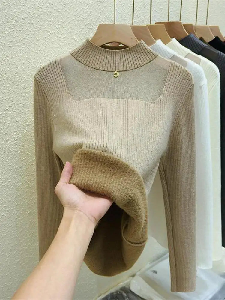 Women's Korean Fashion Velvet Sweater - Solid Color Warm Round Neck Long Sleeve Knit Pullover for Autumn Winter | Cozy Thick Knitwear for Office, Dating & Casual Outfits