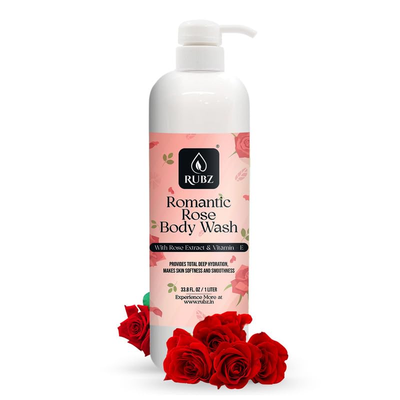 Rubz Romantic Rose Body Wash - Glycerin Enriched, Long-Lasting Fragrance | Soap-Free, Paraben-Free & SLS-Free Shower Gel for Women & Men (1L) | Perfect for Sensitive Skin & Daily Hydration