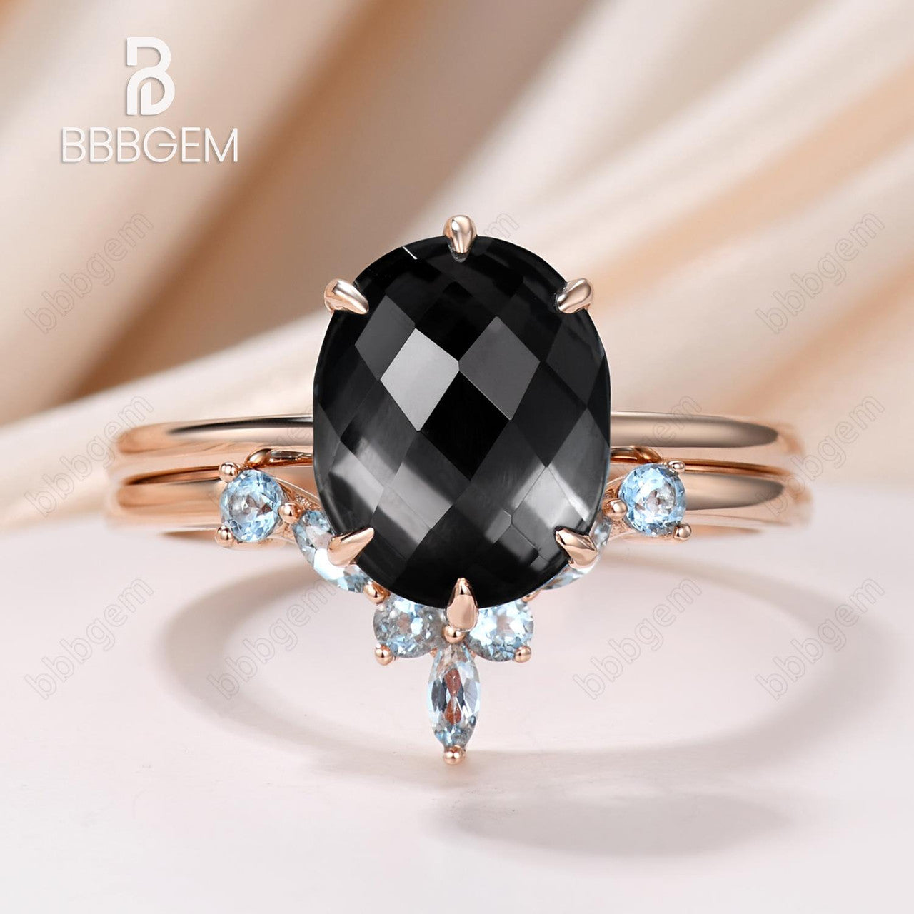10x8mm Oval Cut Black Spinel Engagement Ring Set with Rose Gold Band - Checkerboard Cut Black Gemstone, August Birthstone - Perfect for Weddings, Anniversaries & Special Occasions