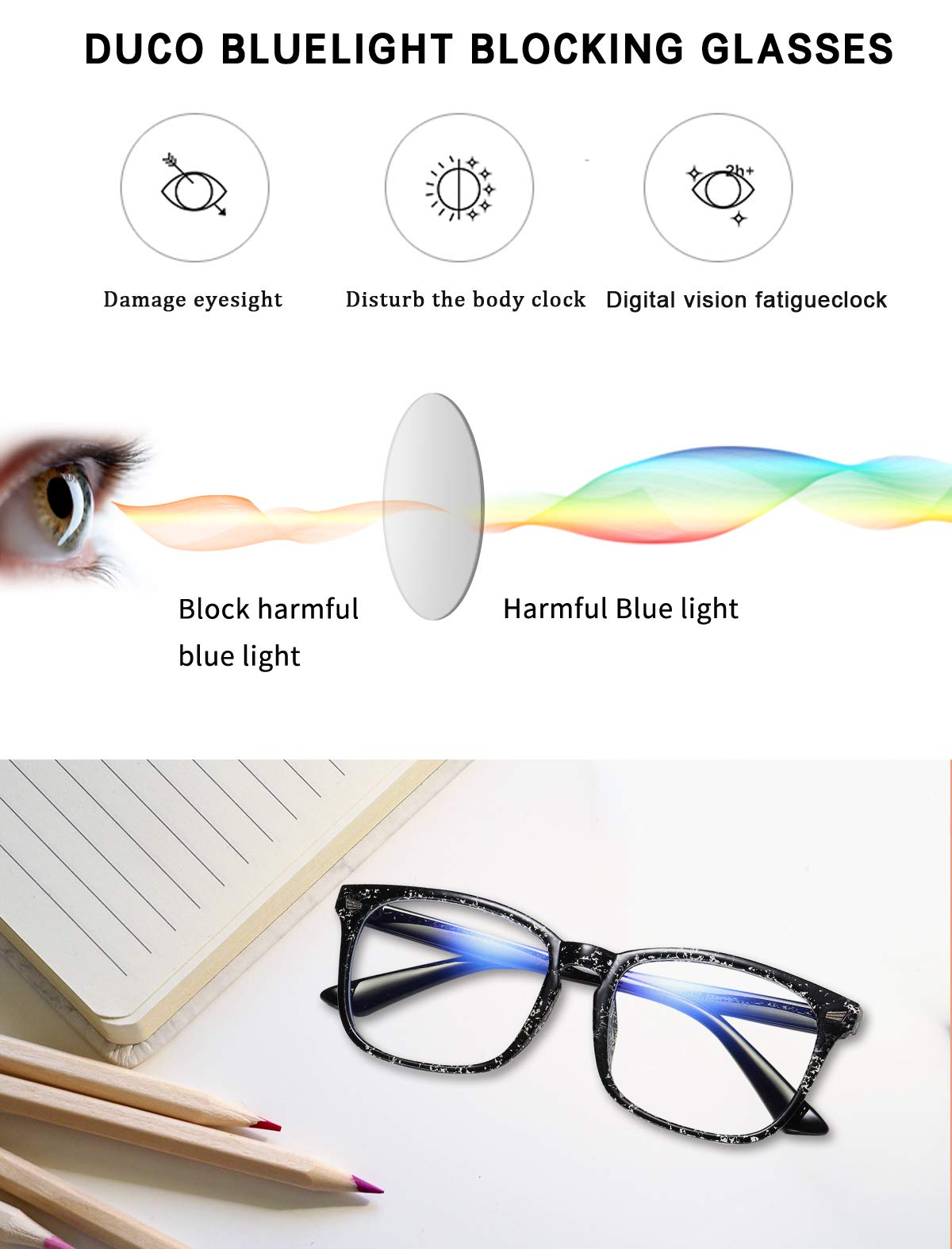 DUCO Blue Light Blocking Glasses for Men & Women - Anti Eyestrain Computer Glasses with UV Protection - Non Prescription Gaming & Reading Glasses for Office Work & Screen Time