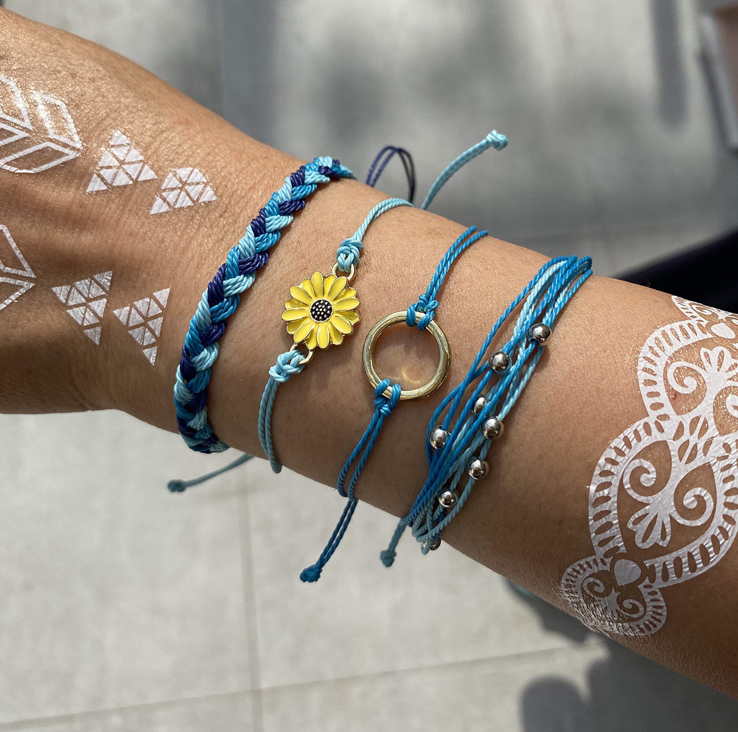 Boho Friendship Bracelets for Women - Adjustable Sunflower & Blue Beaded Bracelet Set - Stackable Surfer Beach Bracelets - Summer Essentials & Stocking Stuffers - Perfect for Gifts, Parties, and Beach Vacations