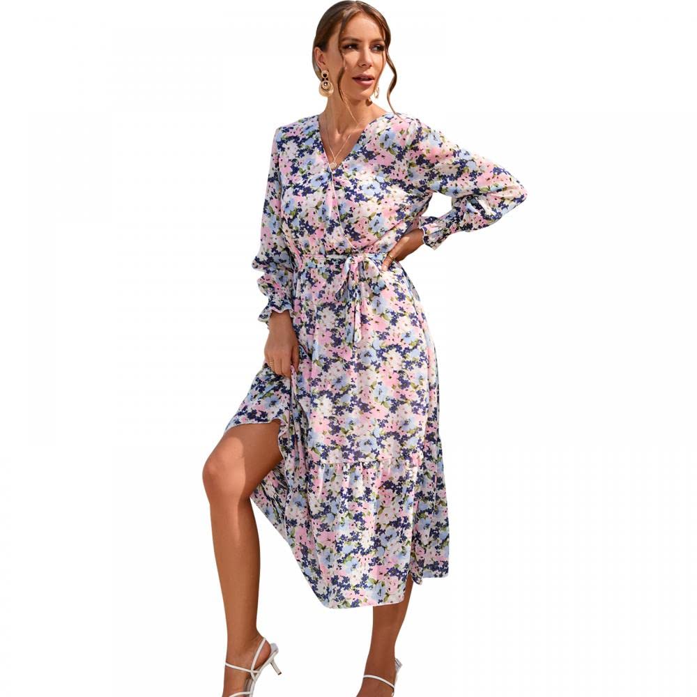 One Piece Floral Dress for Women - Long Sleeve V-Neck A-Line Midi Dress with Adjustable Belt | Perfect for Office, Date Night & Spring Weddings