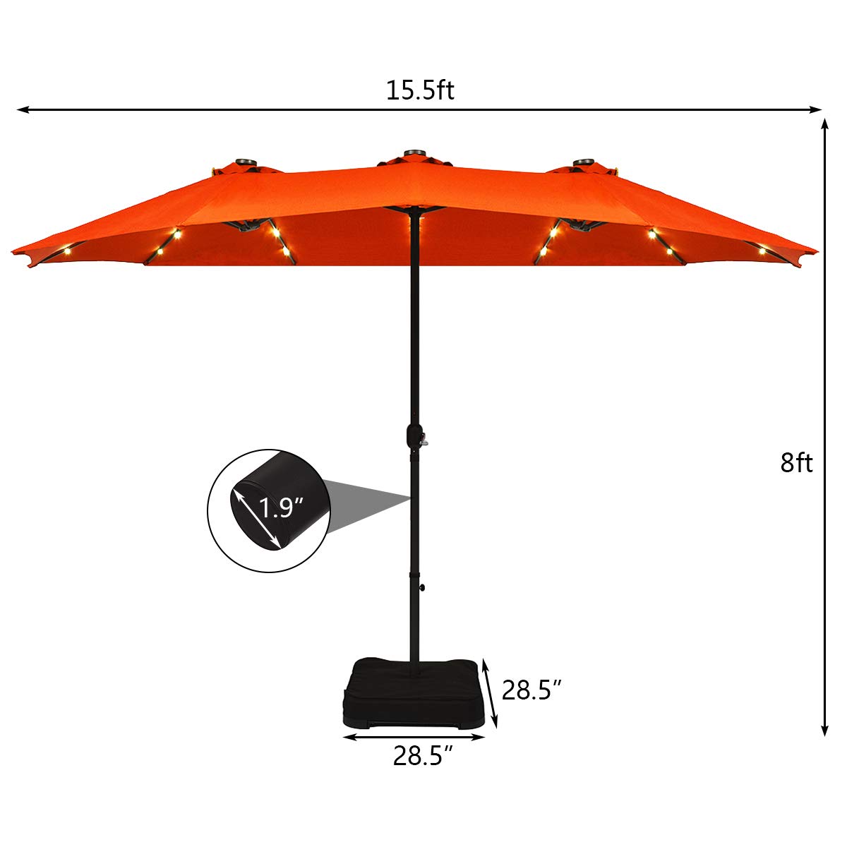Tangkula 15 Ft Solar LED Patio Double-Sided Umbrella with Heavy Duty Base - Extra Large Outdoor Twin Umbrella with 36 Solar Powered LED Lights & Easy Crank System - Perfect for Garden, Deck, Poolside, Patio Furniture (Orange) | Ideal for Outdoor Dining, Backyard Parties & Summer Relaxation